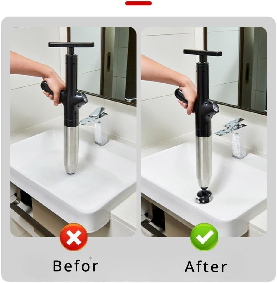 Toilet Plunger, High Pressure Drain Unclogging Tool, Stainless Steel Toilet Unclogger 4 Nozzle Attachments for Sink, Shower & Pipe Blockages | Visual Barometer | Easy-Store Design (Black)