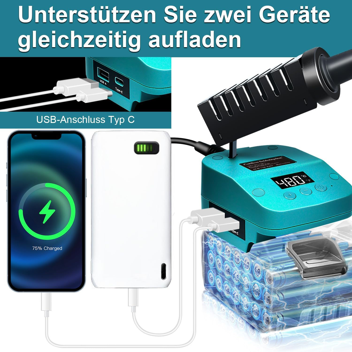 Wireless Soldering Iron for Makita 18 V Battery, Fast Heating, Electric Digital LCD Soldering Station with USB and Type C Charging Ports, Portable Adjustable Soldering Iron Set for DIY Enthusiasts image number 3