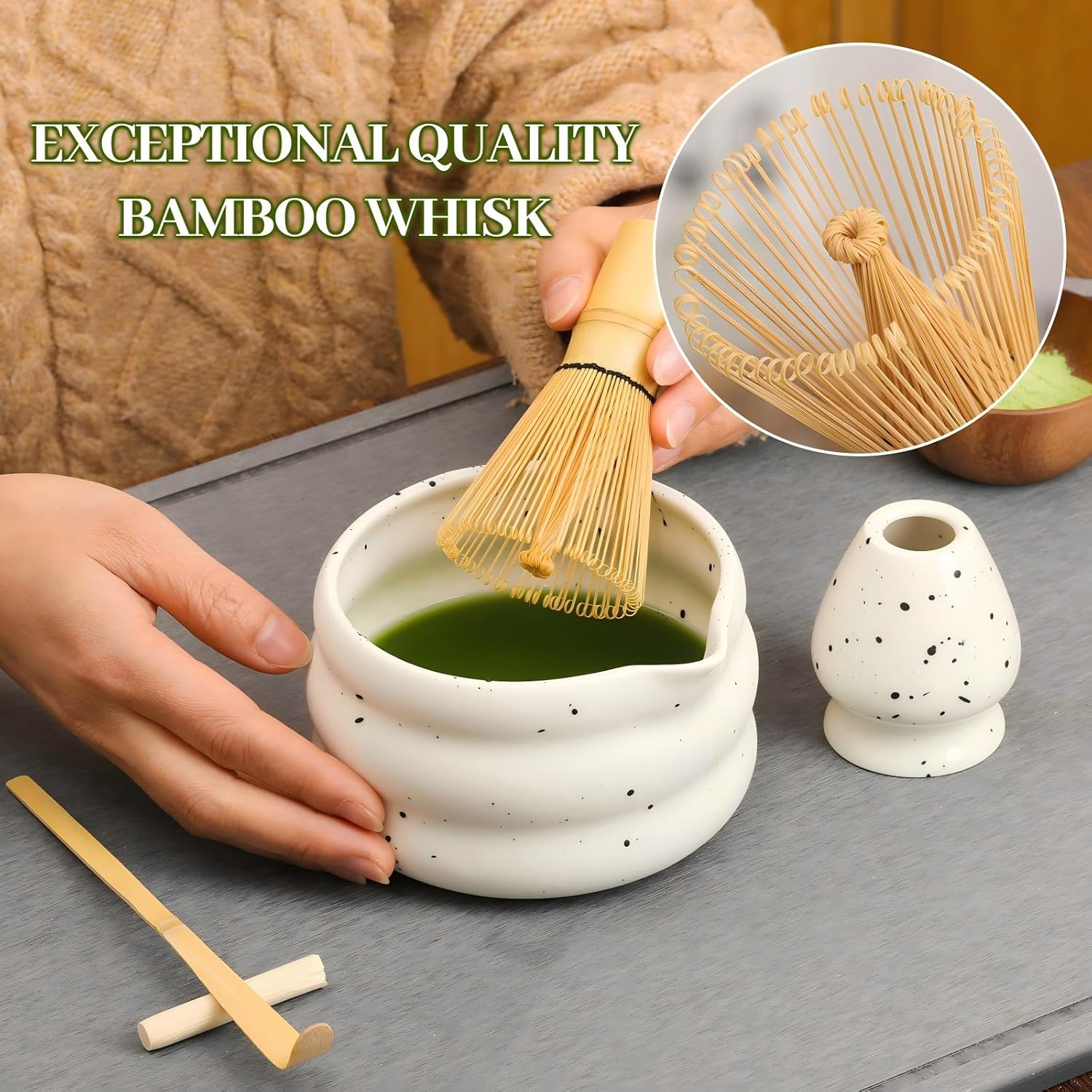 Matcha Whisk Set, 5 Pcs Matcha Tea Set for Ceremony, Match Bowl with Spout and Whisk, 15 OZ, Matcha Kit for Making Breakfast/Matcha Latte, Gift Perfect for Matcha Lover/Friend/Family - Spotted White image number 6