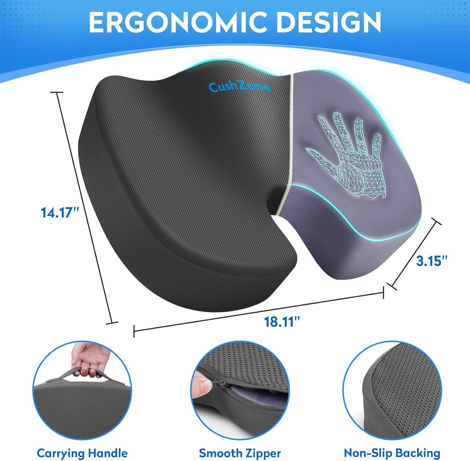 Seat Cushion, Office Chair Cushions, Car Seat Cushion, Non-Slip Sciatica & Back Coccyx Tailbone Pain Relief Chair Pad, Memory Foam Butt Pillow for Computer Desk, Wheelchair, Driving (Grey) image number 4