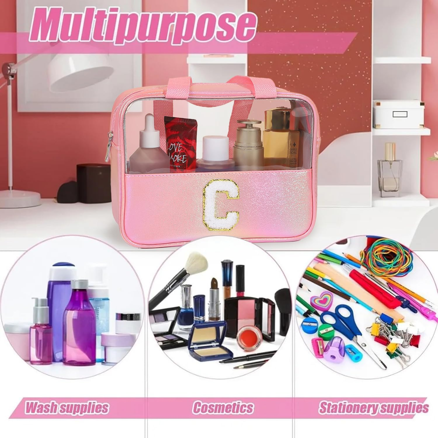 Personalised Transparent Cosmetic Bag, Pink Toiletry Bag, Travel Waterproof Toiletry Bag, Birthday Gifts for Girls, Women, Mothers, Best Friends and Bridesmaids, Letter V - B image number 3