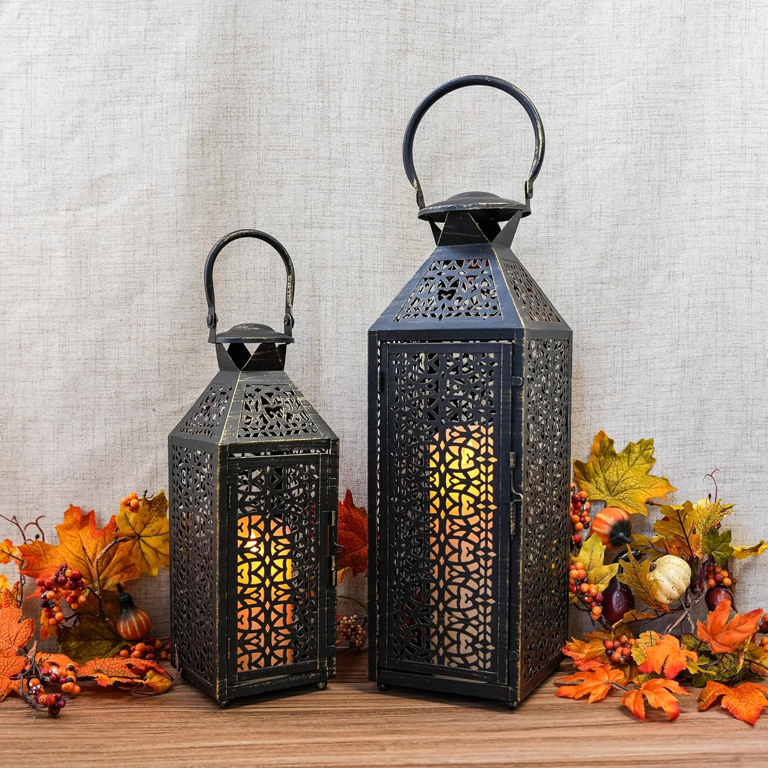 JHY DESIGN Set of 2 Vintage Candle Lanterns 19"&14''H Moroccan Decorative Metal Candle Holders with Hollow Pattern for Garden Porch Shelf Indoor Outdoor Parties Weddings Patio(White Brushed Gold)