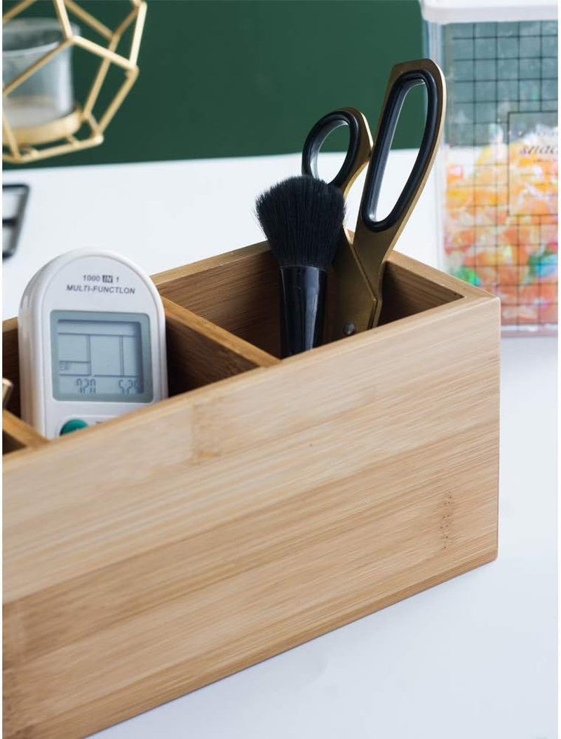 YOSCO Bamboo Wood Pens Pencils Holder Cup for Desk Remote Control Holder, Caddy,Organizer,Desktop Storage with 3 Compartments,Makeup Brush Holder,Silverware Caddy for Party,Office Supplies (3 Grid) image number 3
