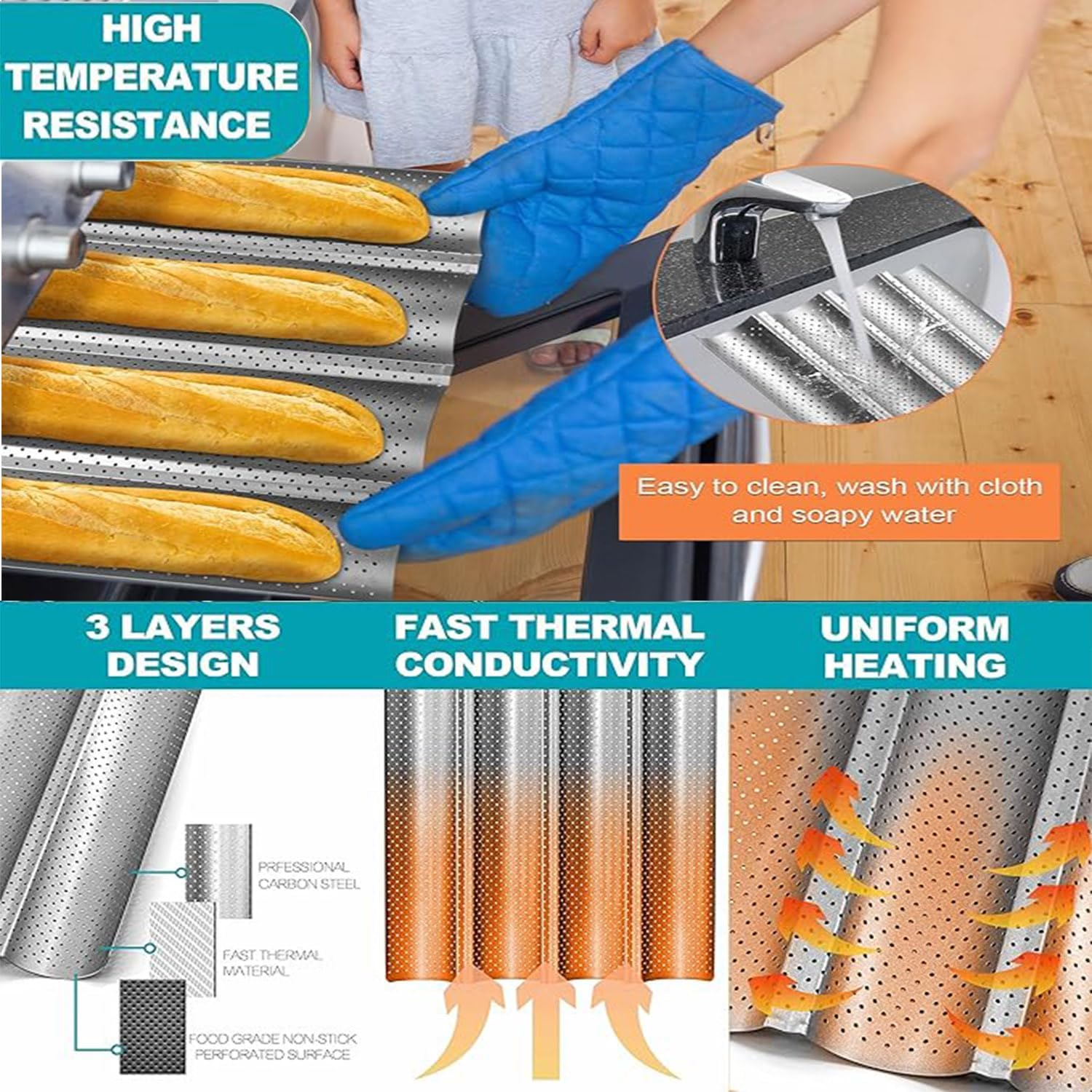 Roczential Baguette Bread Pan Premium Nonstick Perforated Baguette Pan for French Baking 4 Loaves Baguette Baking Tray Sourdough Italian Bread Perfect for Creating Crisp Golden-Brown Crust image number 5