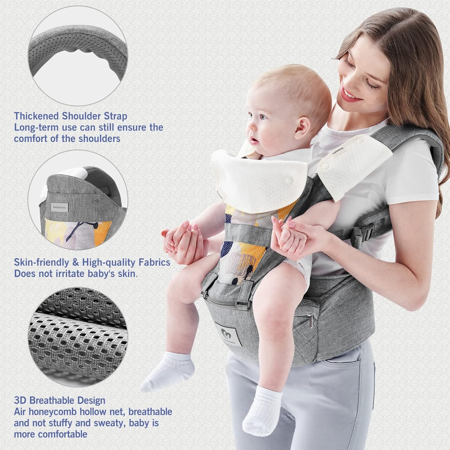 Baby Carrier, Bellababy Multifunction Baby Carrier Hip Seat (Ergonomic M Position) for 3-36 Month Baby, 6-In-1 Ways to Carry, All Seasons, Adjustable Size, Perfect for Shopping Travelling, Grey - Gray image number 6