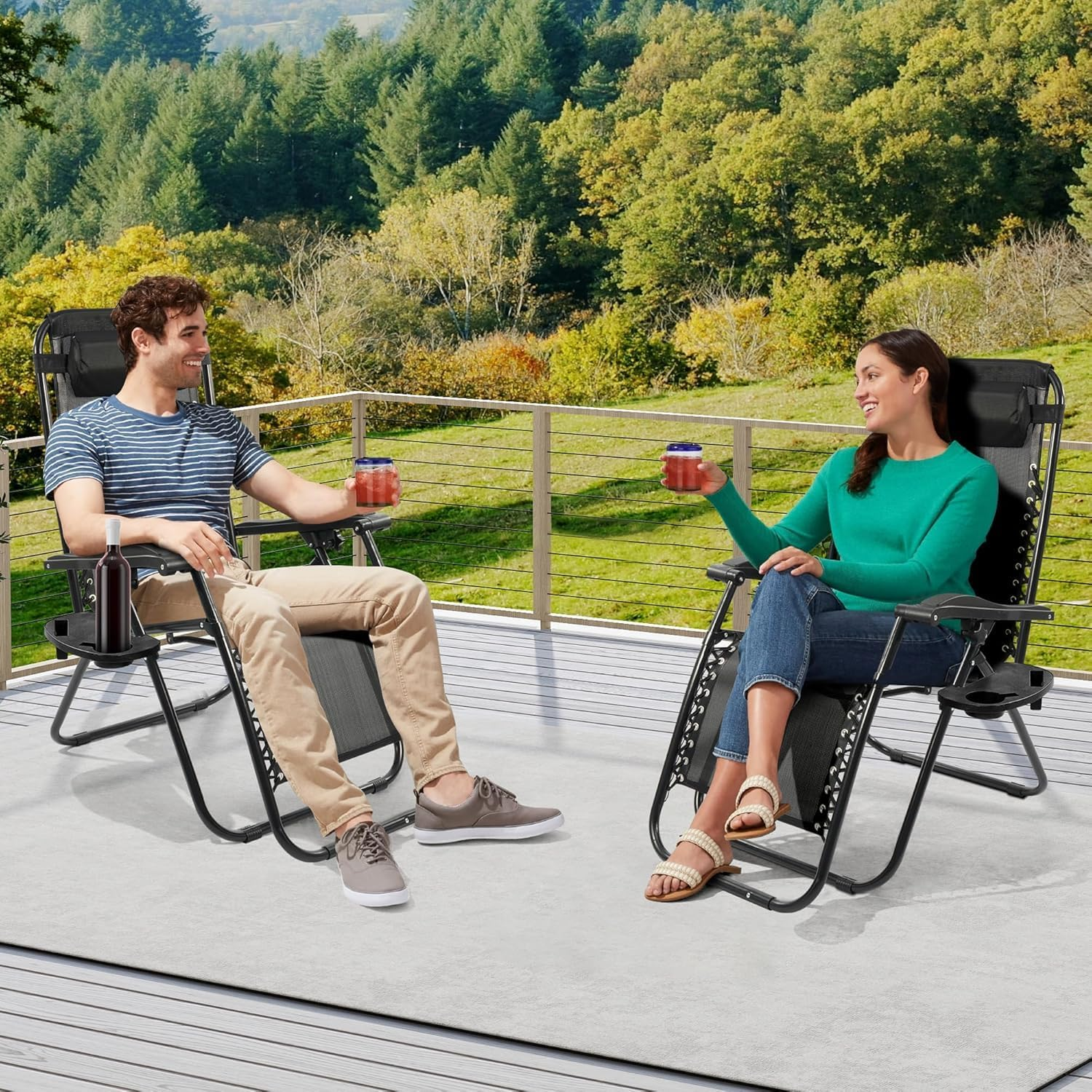 Zero Gravity Chairs, Adjustable Folding Lawn Chair with Pillow and Cup Holder Trays, Outdoor anti Gravity Reclining Lounge Chair, for Poolside, Lawn, Beach, Camping, Black (1 Pack)