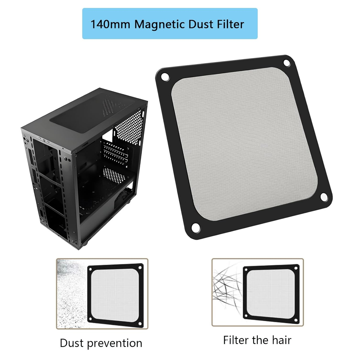 Ronyaoko 140Mm Dust Filter, PC Case Magnetic Dust Mesh Filter, 140 X140Mm Black Mesh Hole Cover, Dustproof Computer Fan Grills,14Cm 5Pcs image number 2