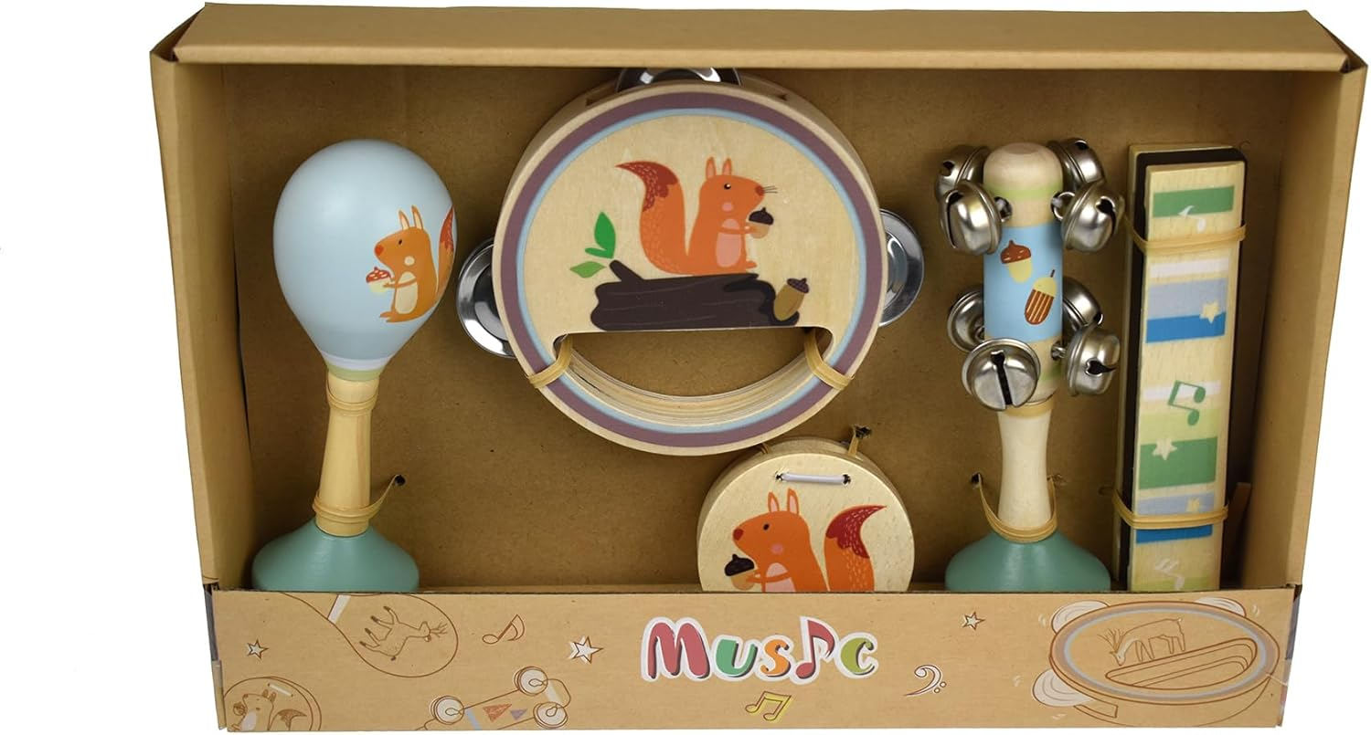 Kaper Kidz Calm & Breezy Squirrel Wooden 5PCS Musical Set : 5 Piece Baby Music Gift Set image number 1