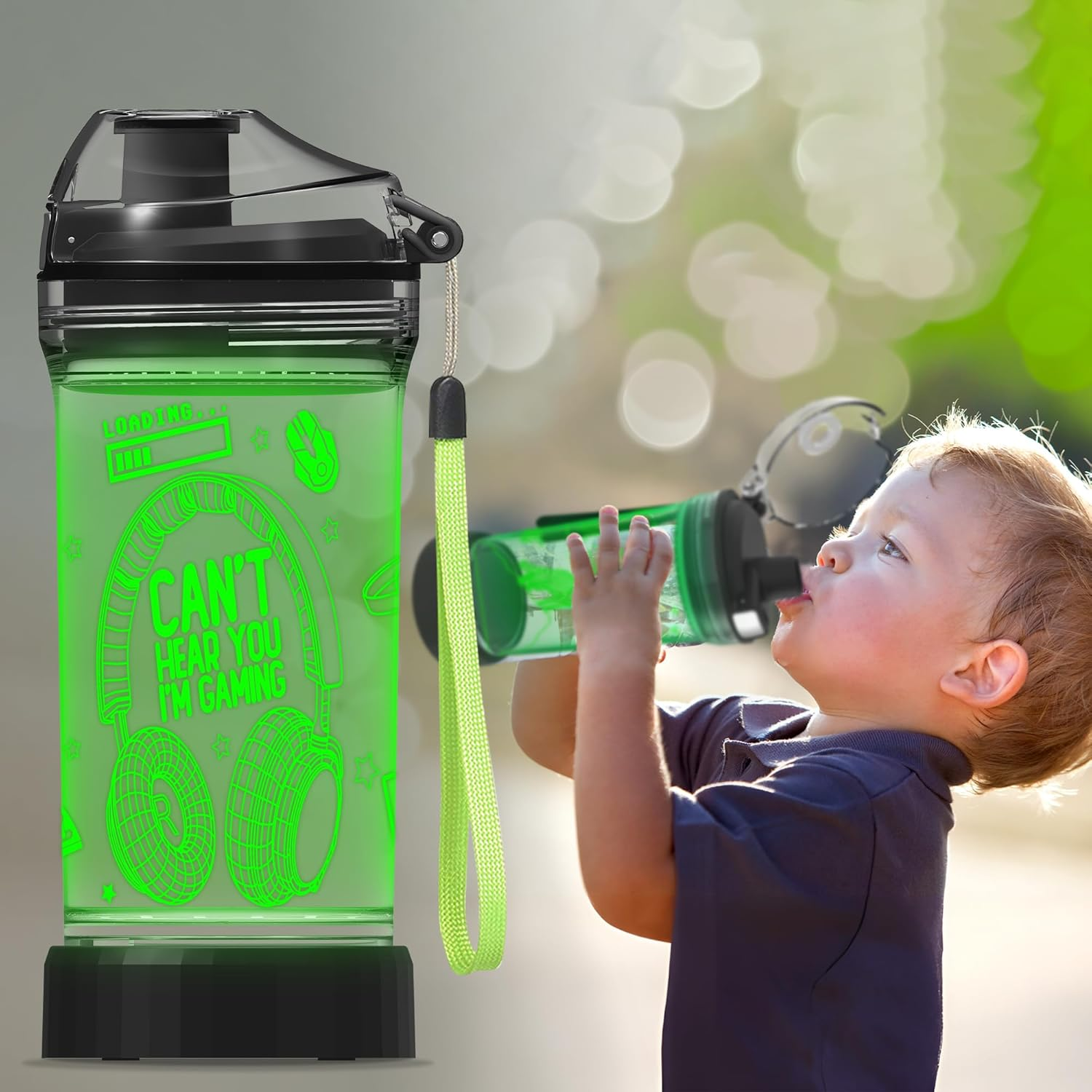 Gamer Water Bottle, Light up 3D Headphone Design, 14Oz Tritan BPA Free - for Boys Girls- Kids Drinking Cup - Christmas Holiday image number 1