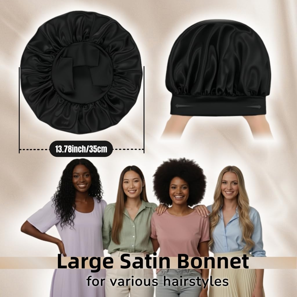 Black Silk Bonnet for Women Curly Hair Cover Satin Bonnets for Sleeping Large Satin Sleep Cap Head Cover Wide Band Silk Night Hats image number 5