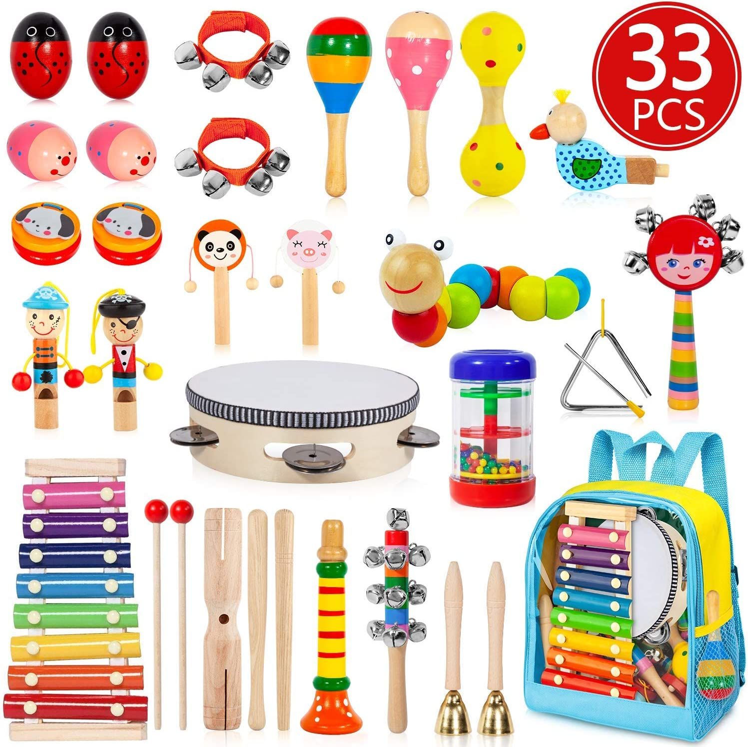 Toddler Musical Instruments, 33 PCS 19 Types Wooden Percussion Instruments Toys for Baby Kids Preschool Education, Early Learning Musical Xylophone Tambourine Drums Toy for Boys and Girls image number 1