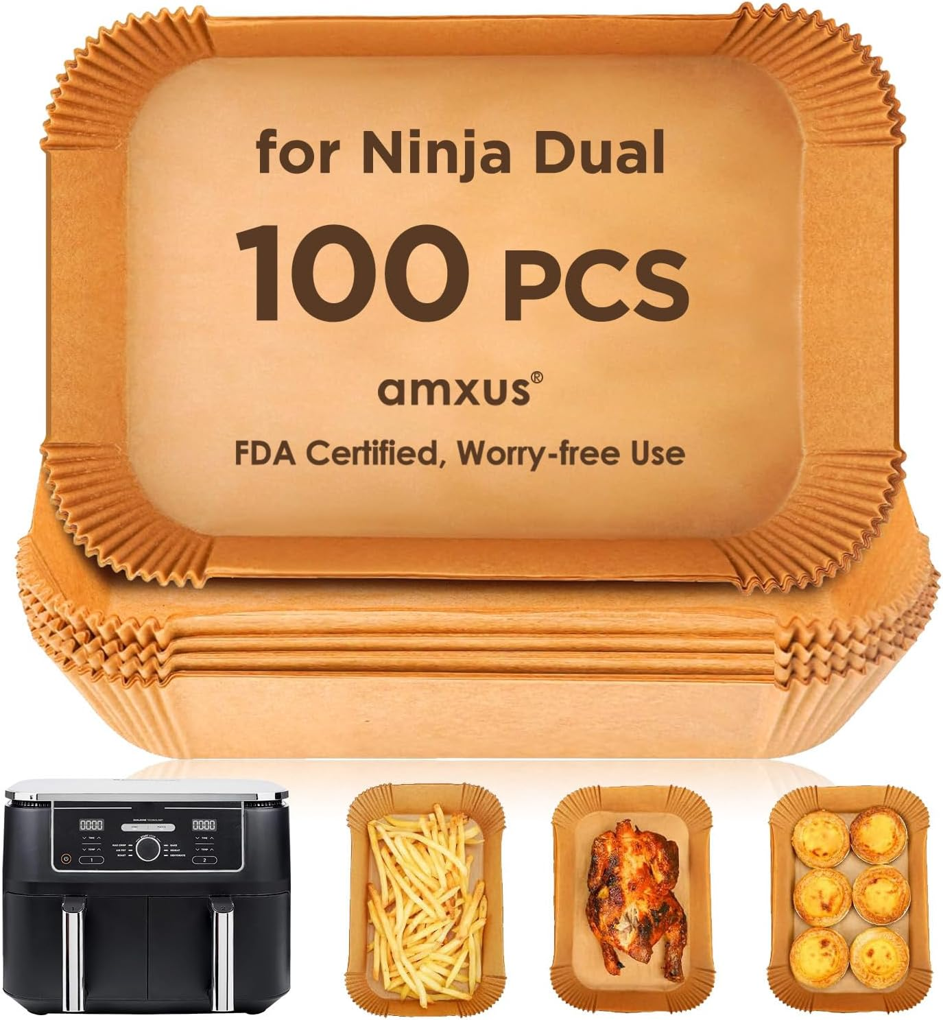 Amxus Air Fryer Paper Liners 100-Pack for Ninja AF400/AF300 & Dual Basket 8QT &ndash; 22Cm X14Cm (8.6"X5.5") Non-Stick Sheets, Unbleached & No PFAS &ndash;Compatible with Ninja Foodi & DZ201