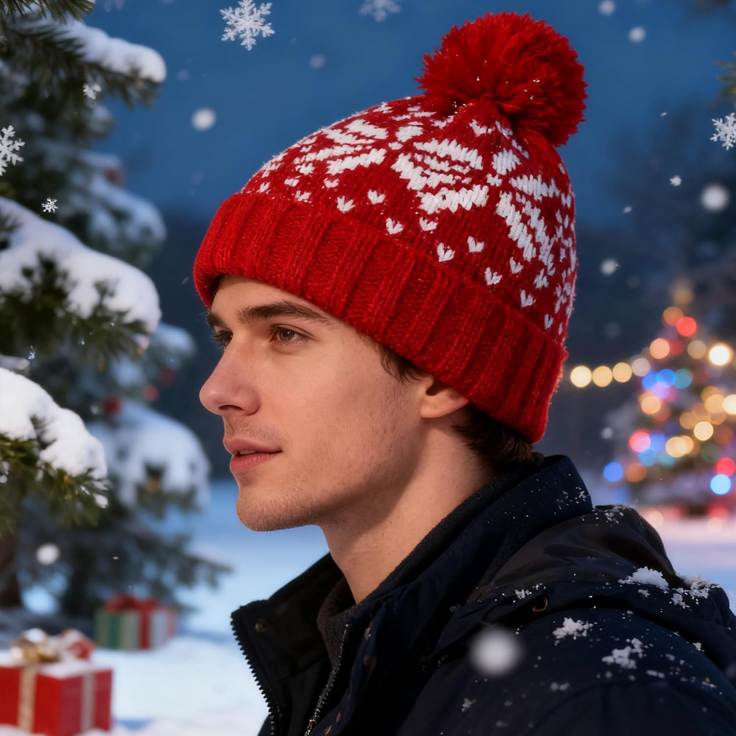 IZUS Christmas Snowflake Beanie-With-Pom-Poms for Women and Men - Red image number 1