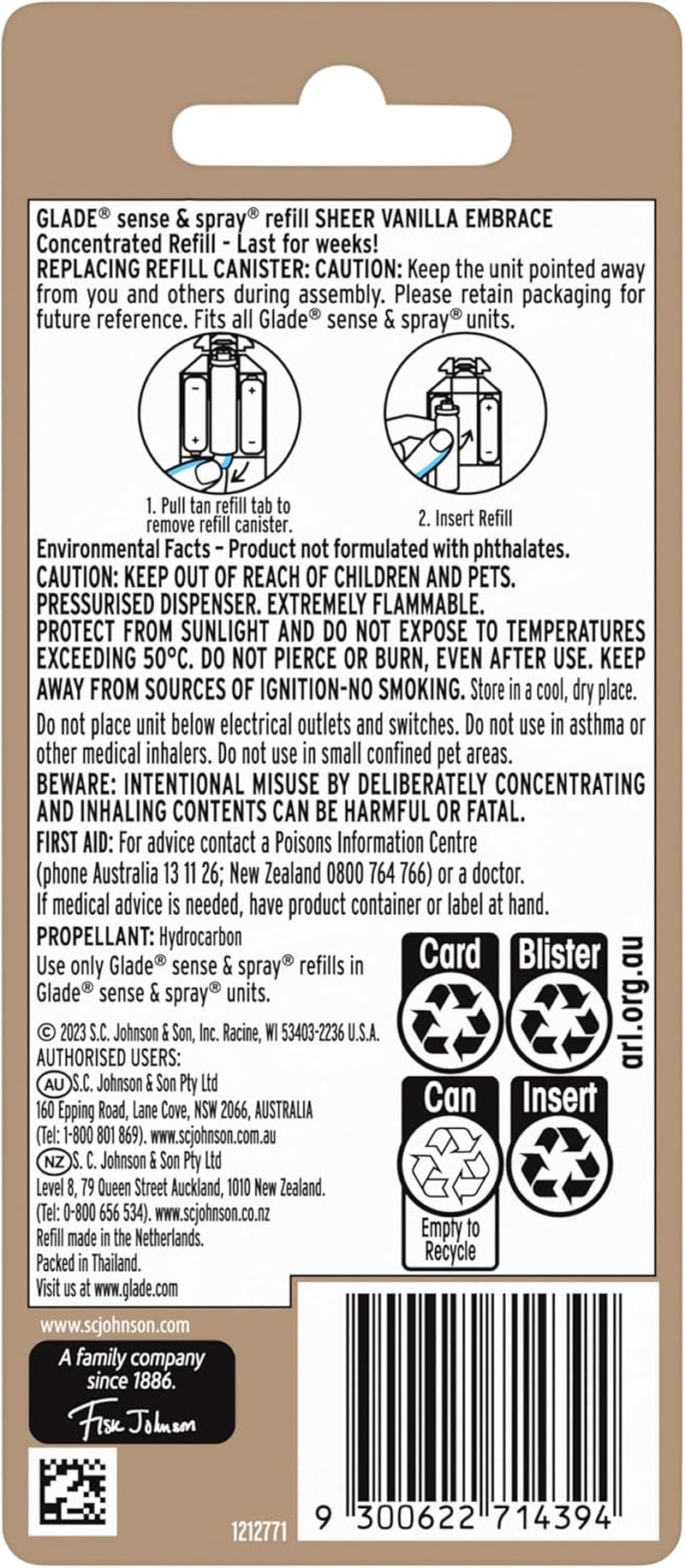 Glade Sense and Spray Refill, Use with Glade Automatic Air Freshener, Home Fragrance Infused with Essential Oils, Sheer Vanilla Embrace Spray Refill, 12G, 1 Pack