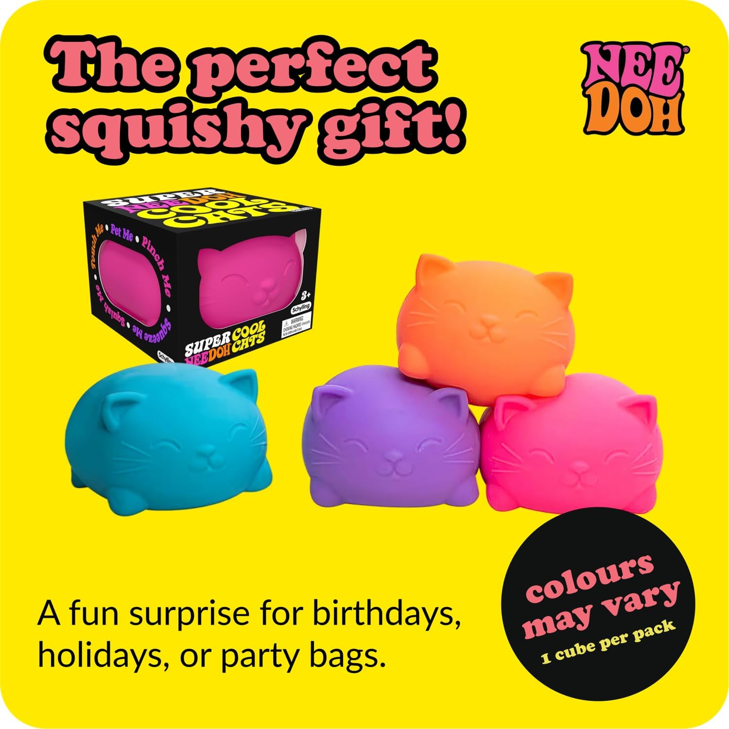 Needoh Cool Cats Super - Jumbo Stress Ball, 4.5 Inches, Groovy Sensory Toy, Soft & Squishy for Relaxation, Available in 4 Bright Colours, Assorted, Ages 3+