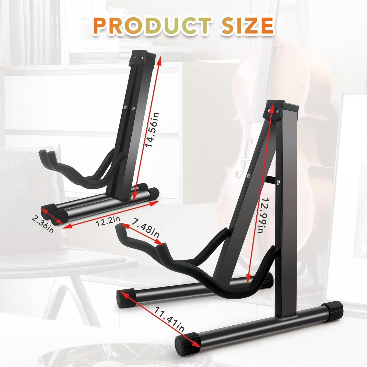 Geewin A-Frame Folding Cello Stand, 1/8-4/4 Cellos, Guitar Stand, Black, Plastic/Metal (Main Body), Rubber Feet