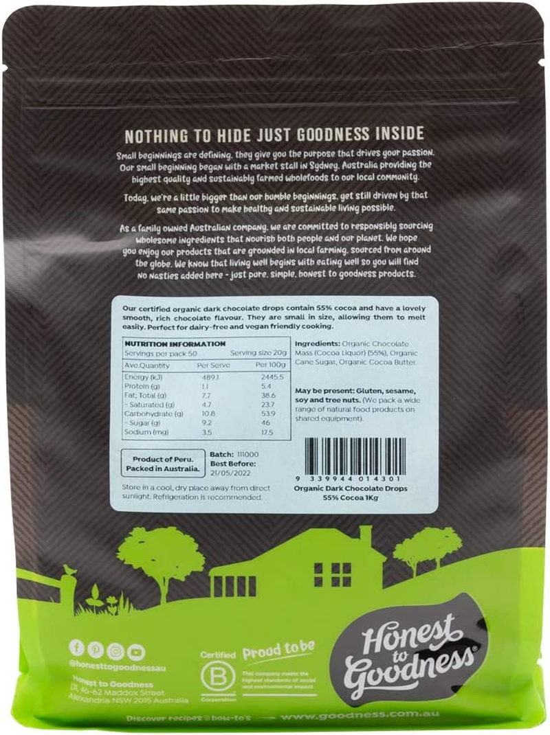 Honest to Goodness, Organic Dark Chocolate Drops 55% Cocoa, 1 Kg - a Luxurious Dark Chocolate Flavor, with a Smooth and Velvety Texture That'S Dairy-Free and Vegan-Friendly.