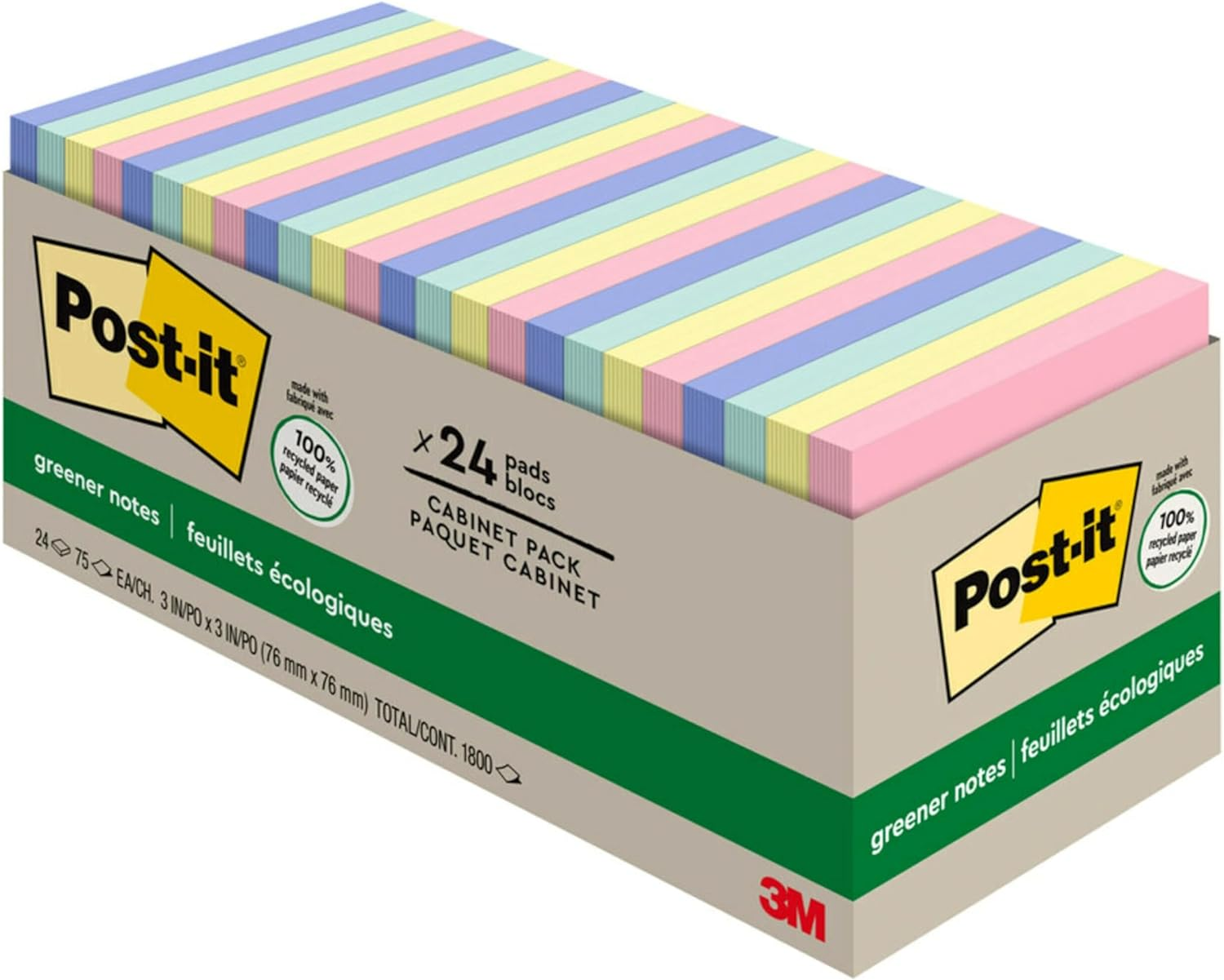 Post-It Greener Notes, 3 in X 3 In, Helsinki Collection, 100 Sheets/Pad, 12 Pads/Pack (654-RP-A)