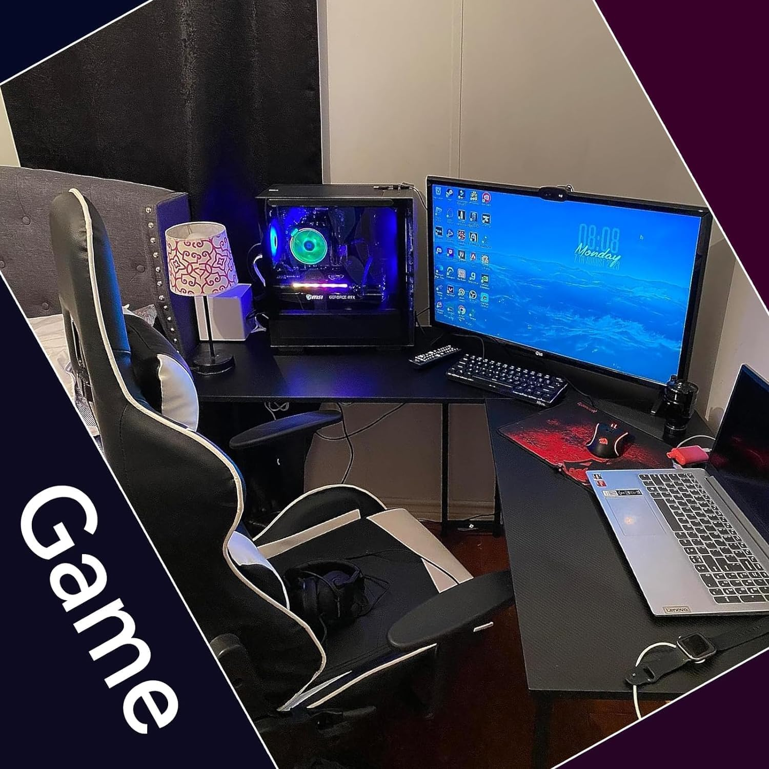 Gaming Desk 129X129X76Cm, L Shaped Desk with Monitor Stand&Storage Bag, Metal Legs, Corner Computer Table with Headphone Hook for Home Office Bedroom Study image number 6