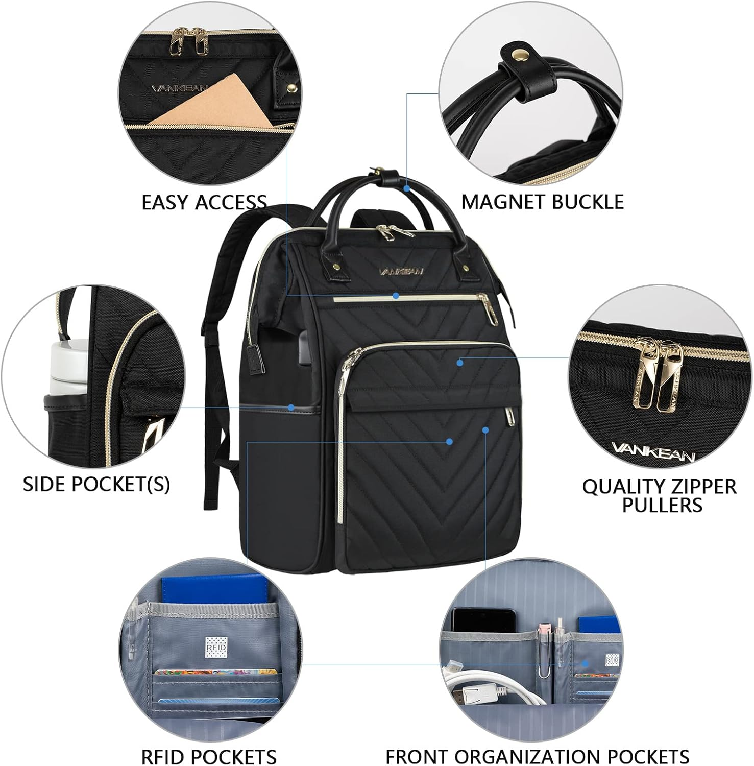 VANKEAN Laptop Backpacks for School, 17 Inch Stylish Computer School Backpack, Doctor Bag Water Repellent College Casual Daypack with USB Port Travel Business Work Bag (Quilted Black) image number 1