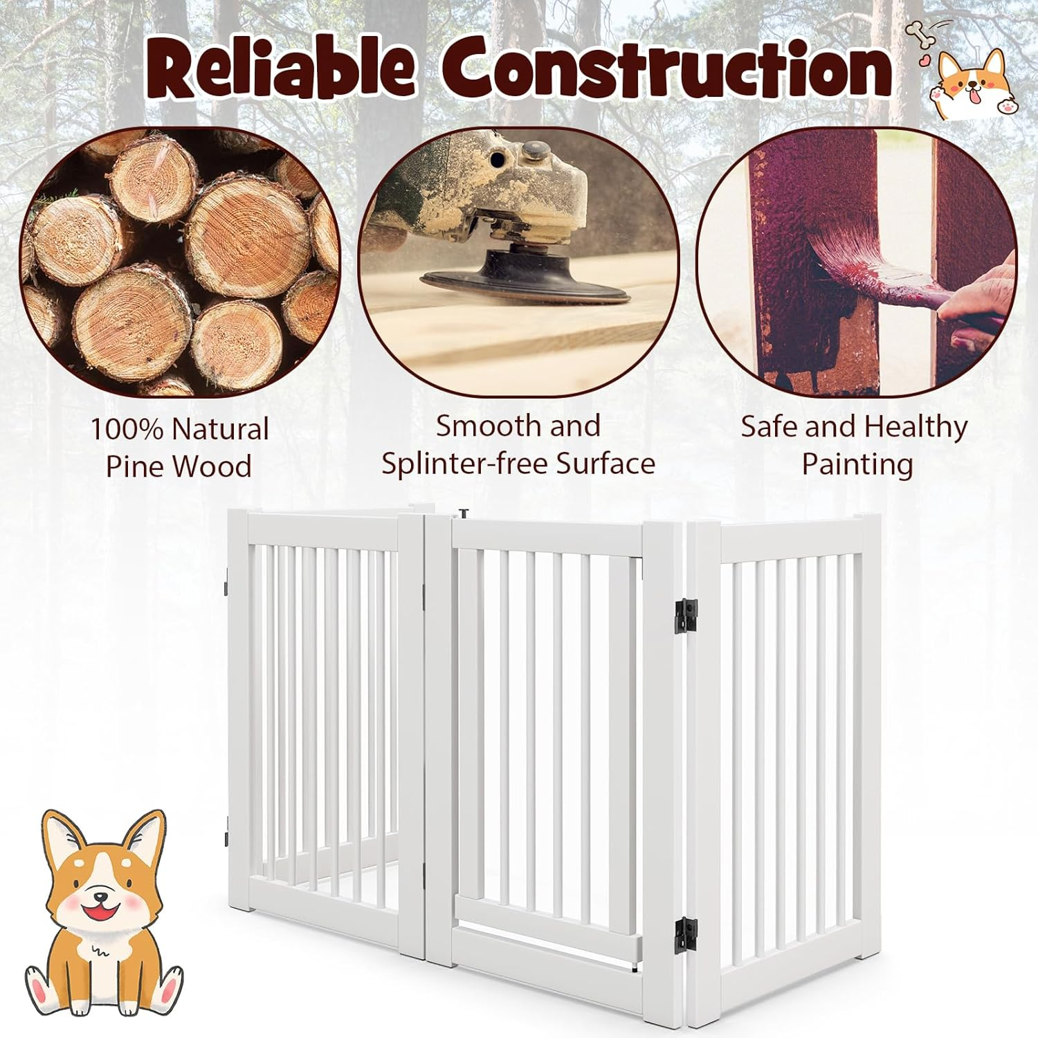 Giantex Dog Gate with Door - 30''H &times; 80''W Wooden Pet Gate with Walk through Door, Foldable Freestanding 4 Panels Pet Safety Fence Extra Wide for Doorway Stairs House Deck Yard, White image number 3