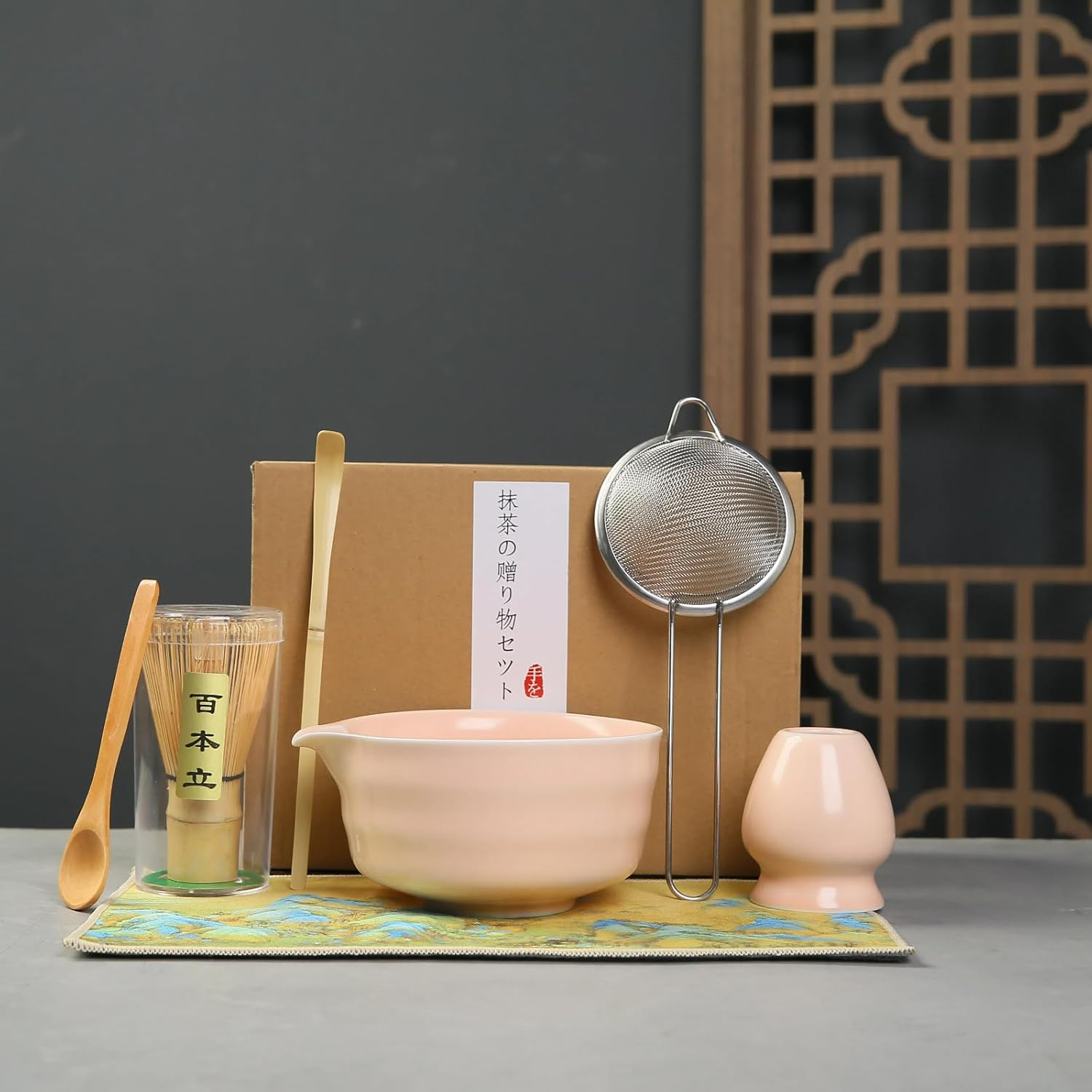 6Pcs Matcha Kit Set,Matcha Set Includes Bowl with Spout and Bamboo Matcha Whisk, Bamboo,Matcha Scoop, Spoon and Stainless Sifter, Japanese Tea Making Tools, Bottle Green Matcha Kit (Pink)