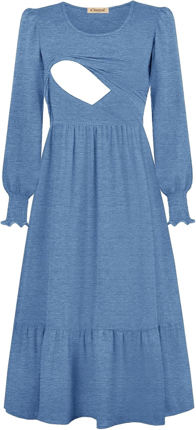 Women Nursing Dress Crew Neck Fall Maternity Flowy Long Sleeve Smocked Cuffs Tiered Cocktail Dresses with Pockets image number 2