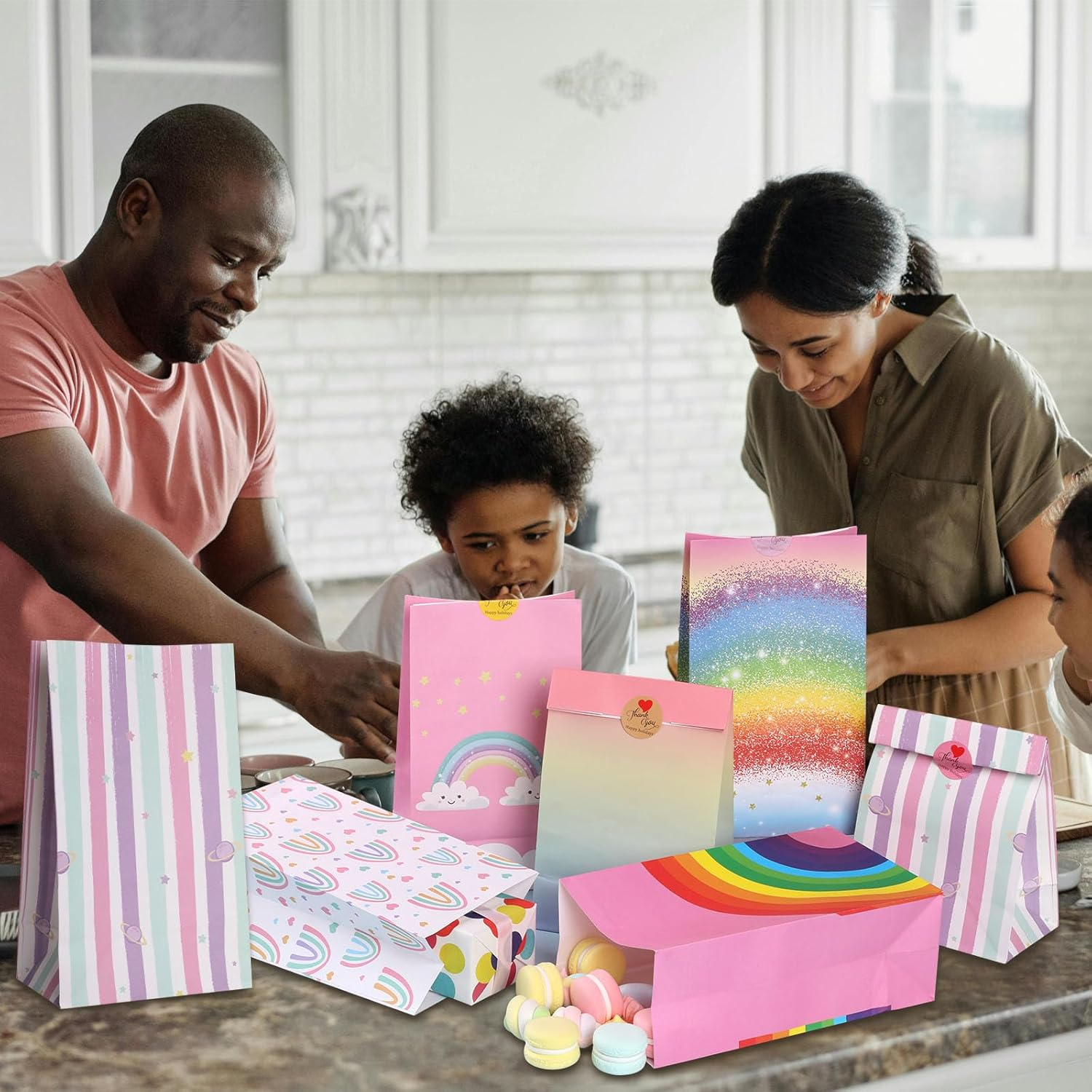 Secpeak Gift Paper Bags, 18 Pcs Small Birthday Gift Bags with 30 Stickers,Rainbow Paper Bags Goody Cookie Bags Bulks for Kids Girls Classroom Party, Wedding Holiday Party Favor - 22 X 13 X 8Cm image number 5