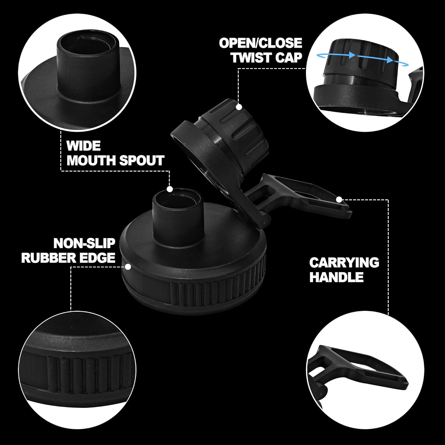 2 Pcs Replaceable Lid for Nalgene Sustain Tritan Water Bottle, Wide Mouth Loop Top Lid Compatible with Nalgene 32 Oz, BPA Free, Replacement Cap Accessories with Handle Easy to Carry, Black image number 1