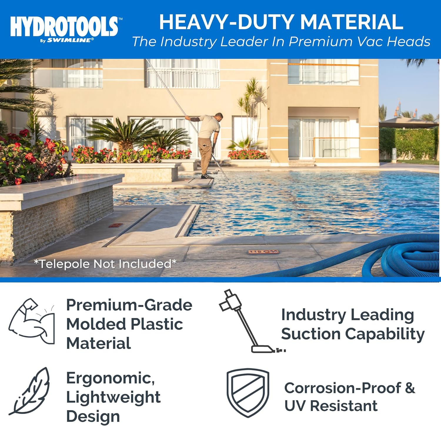 SWIMLINE HYDROTOOLS Manual Pool Vacuum Head Attachment for Inground & above Ground Pools |Weighted Swimming Pool Vac Head Half Moon W/Bristles| Swivel Hose 1-1/4 or 1-1/2&rsquo;&rsquo;| Clean Debris Corners image number 3