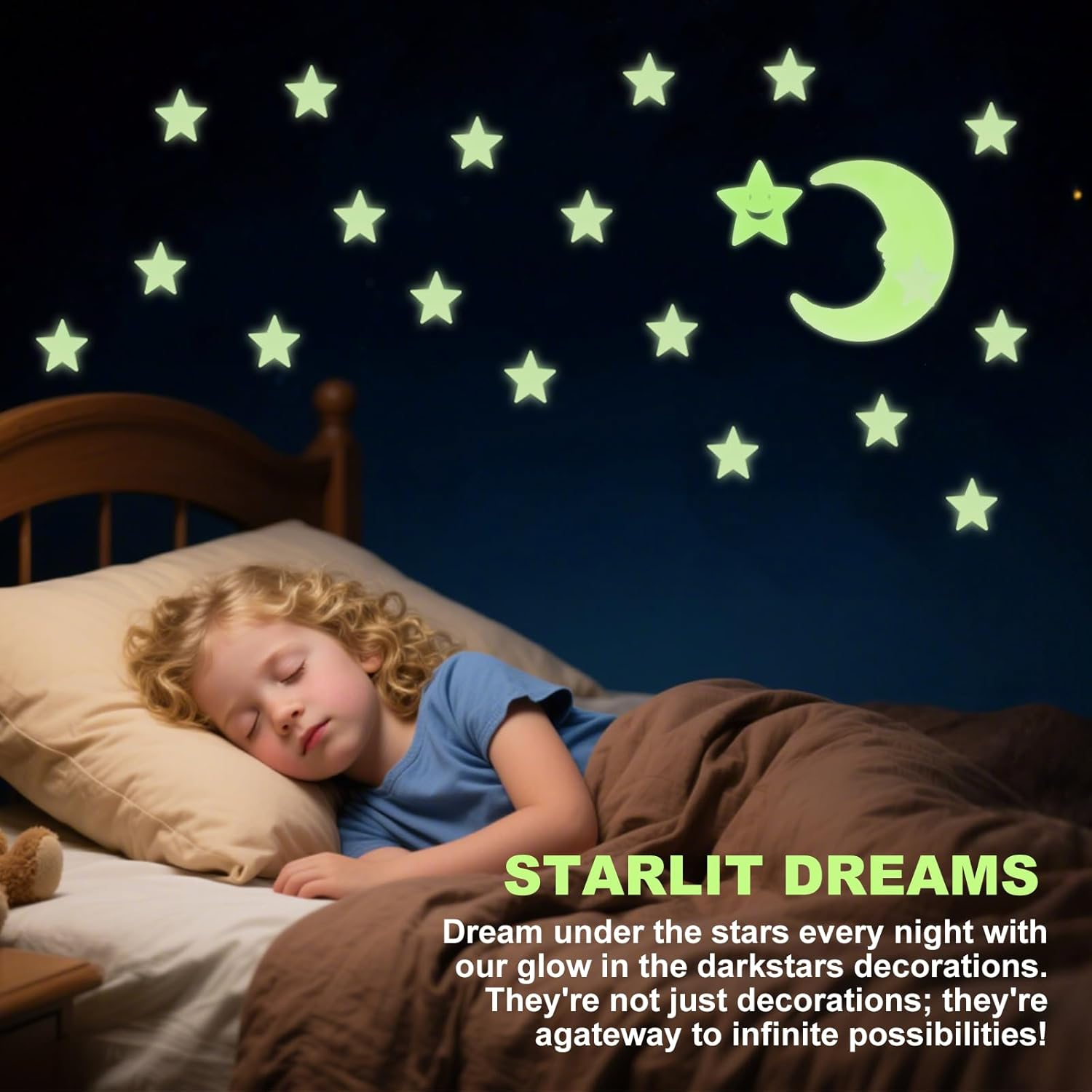 102 Pcs Glow in the Dark Star Stickers, Fluorescent Green 100 Stars 1 Moon 1 Smiling Star with Adhesive Tape, Ceiling & Wall Decals Decor for Kids Boys Nursery Bedroom Living Room