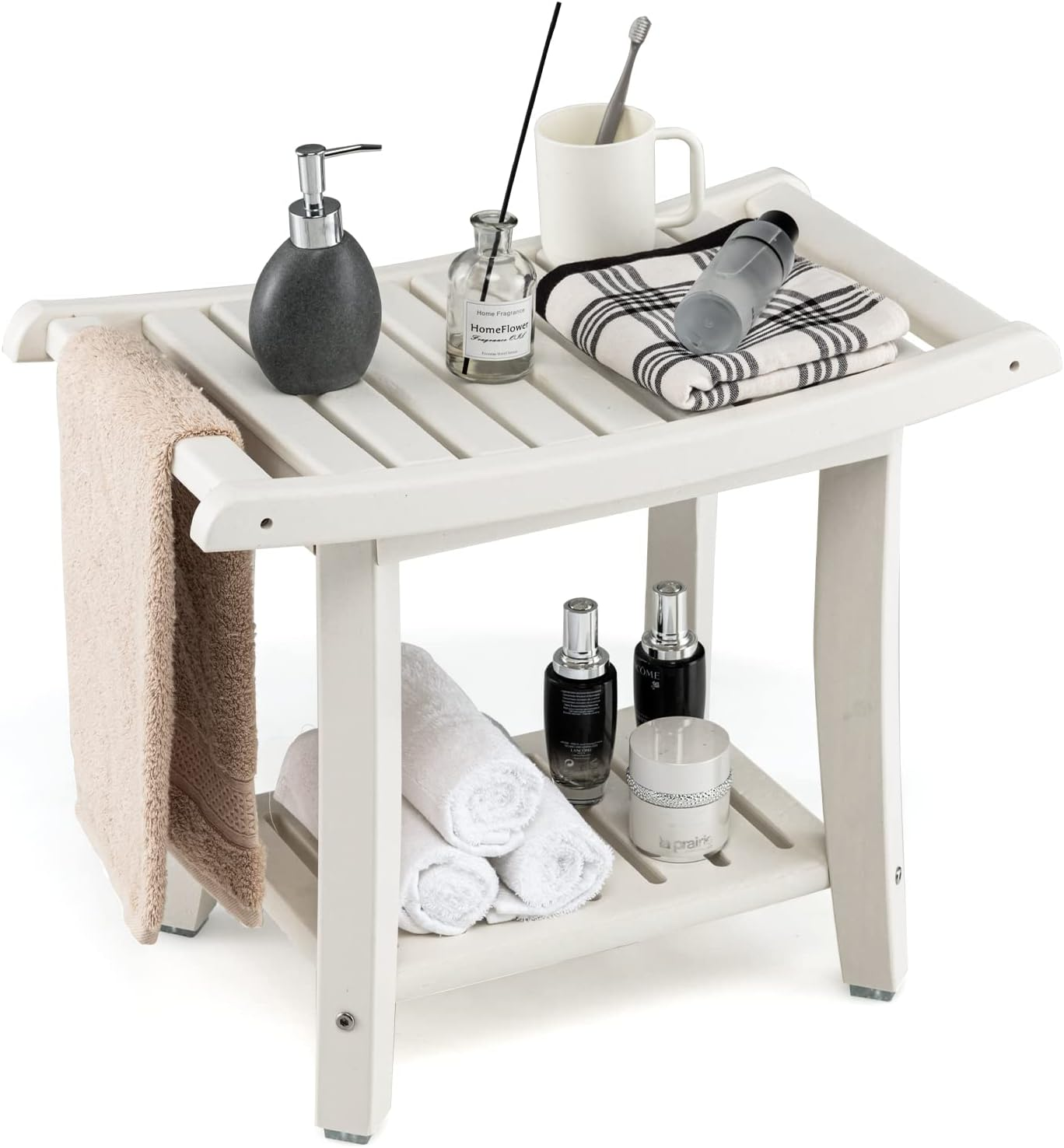 Costway 2-Tier Shower Bench, HDPE Spa Bath Shower Stool with Curved Seat, 2 Easy-To-Grip Handles, Storage Shelf & Non-Slip Foot Pads, Waterproof Shaving Stool for Bathroom, Living Room image number 4