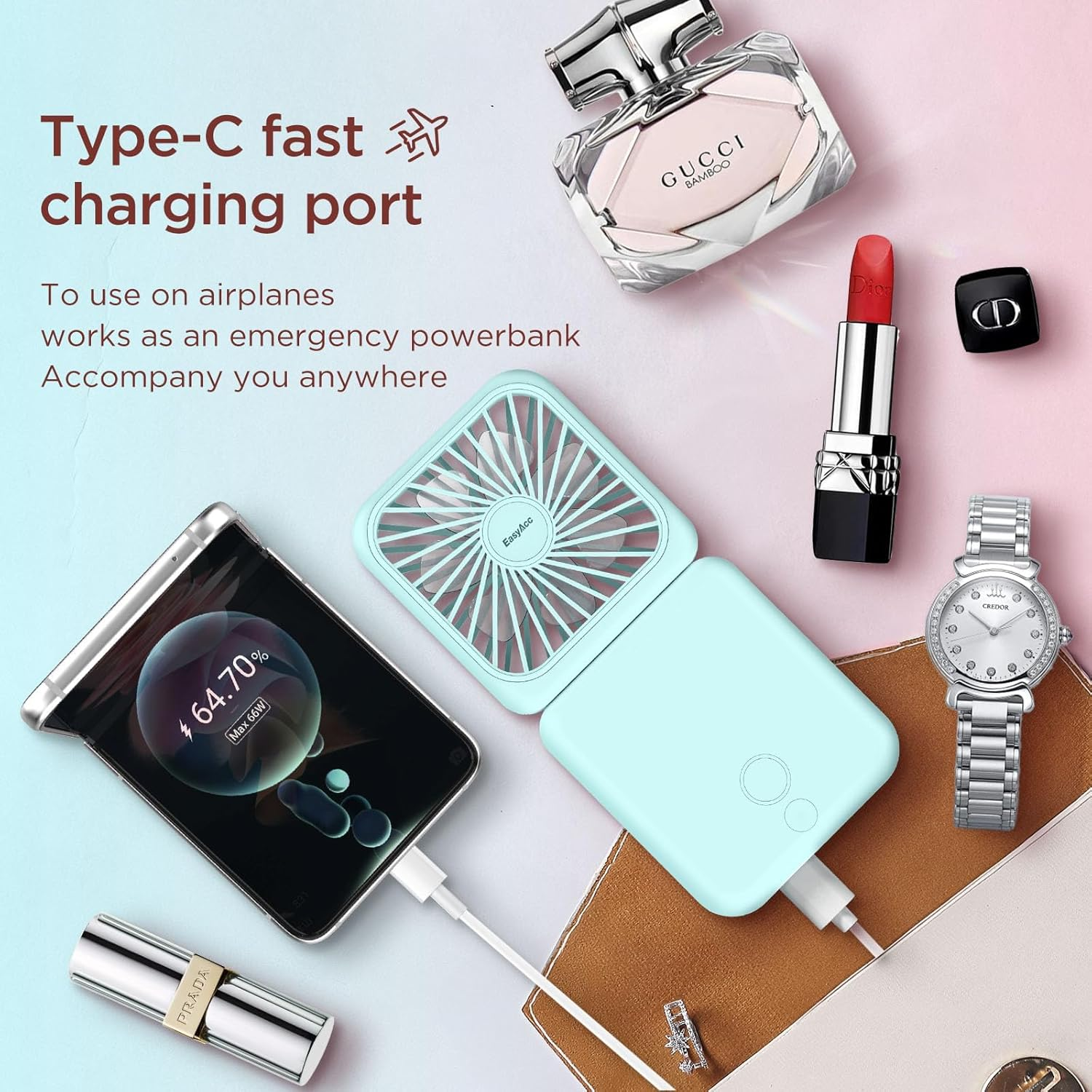 Rechargeable Portable Hands Free Fan, Mini Makeup Fan, 5 Speed, Mirror, Phone Stand, 2500Mah Backup Power, Digital Display, 32H Max Cooling Time, Neck Lanyard Battery Hand Fan for Travel image number 3