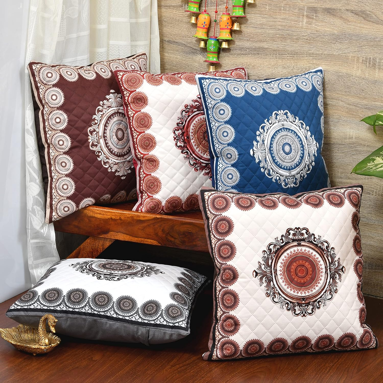 Flying Trade Indian Ethnic Bohemian Set of 5 Decorative White Base Colorful Square for Sofa Set Home Decorative Design Boho Throw Pillow Case Cotton Cushion Cover (Quilted Cotton, 16X16)