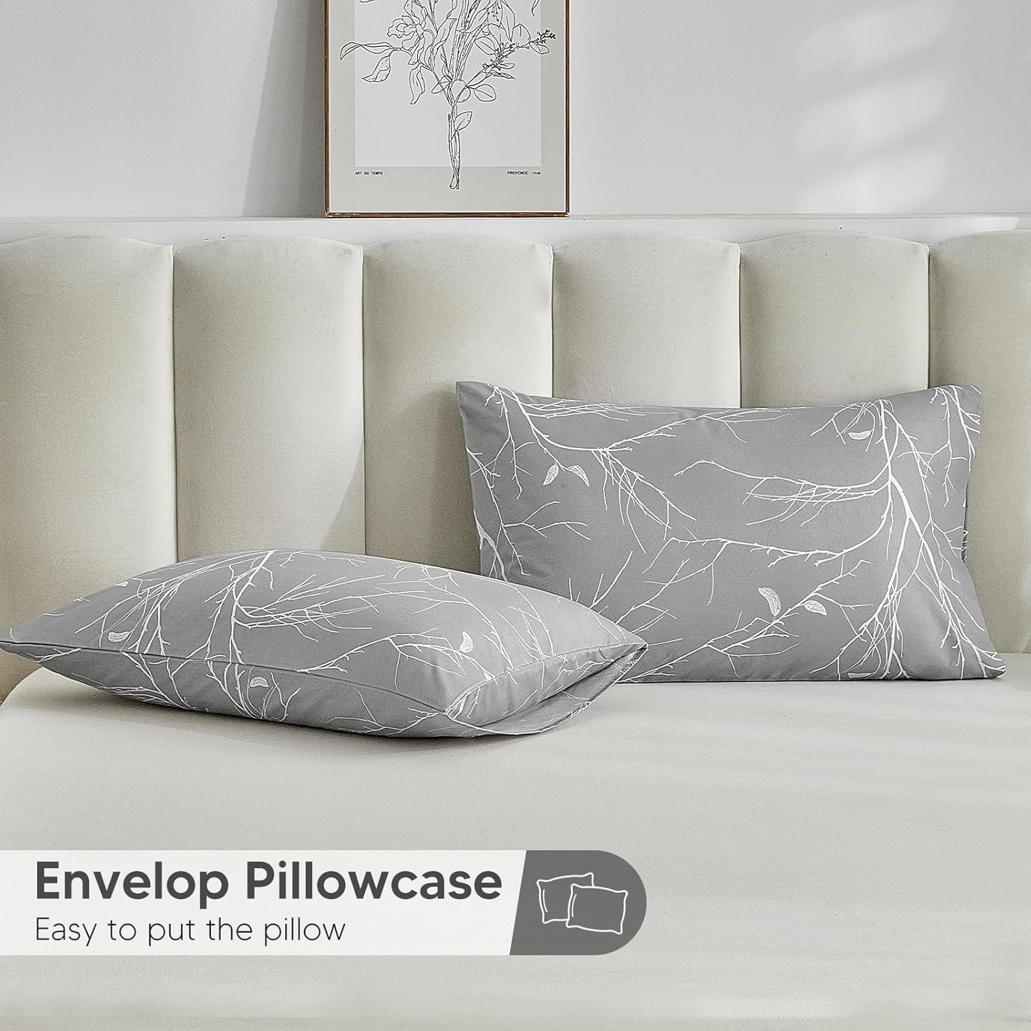 Tokokimo Fitted Sheet 160 X 200 Cm, 35 Cm Large Pockets with 2 Pillowcases 50 X 80 Cm - Soft, Double-Sided Microfibre Duvet Cover with Branch Motif, Grey/White image number 3