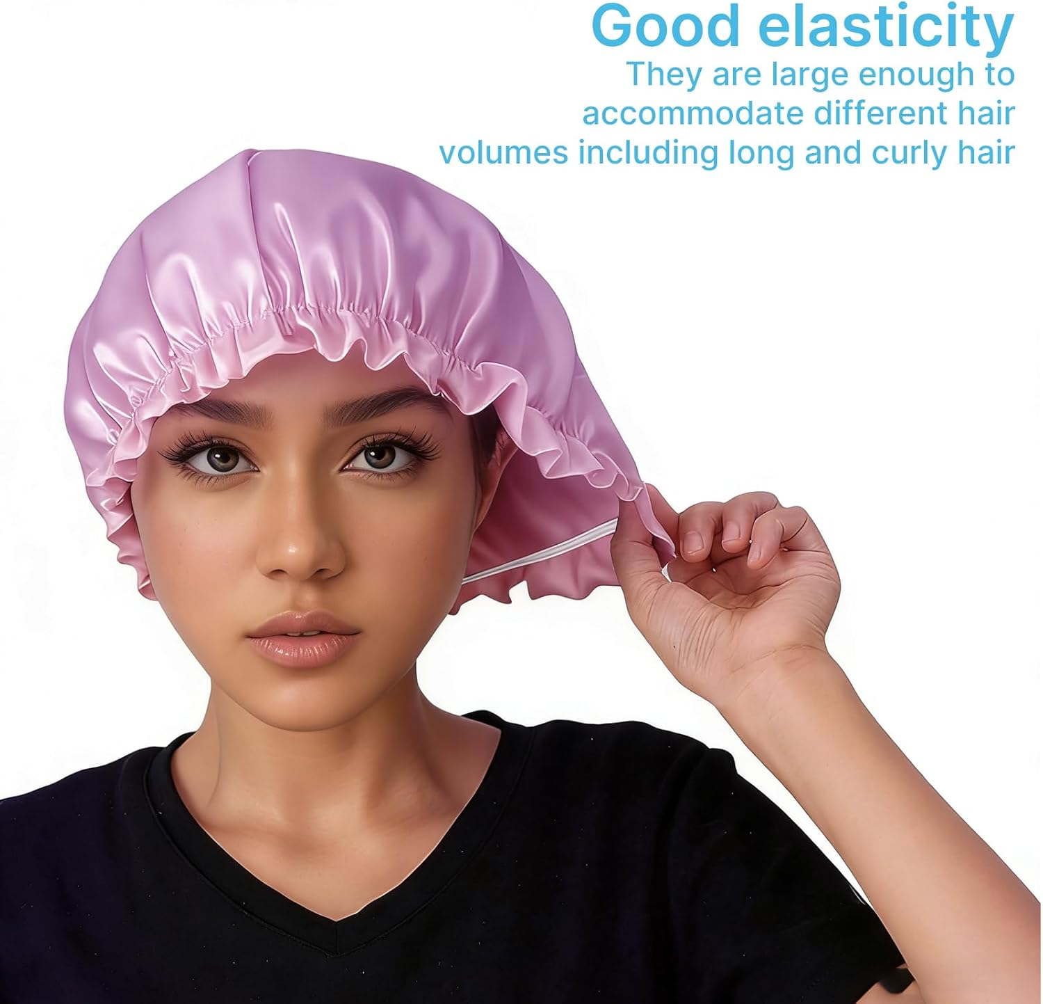 4PC Satin Lined Shower Caps Set, Large Waterproof Reusable Bath Hair Caps for Women with Long Hair, Premium Shower Bonnets & Plastic Hair Treatment Caps Accessories image number 1