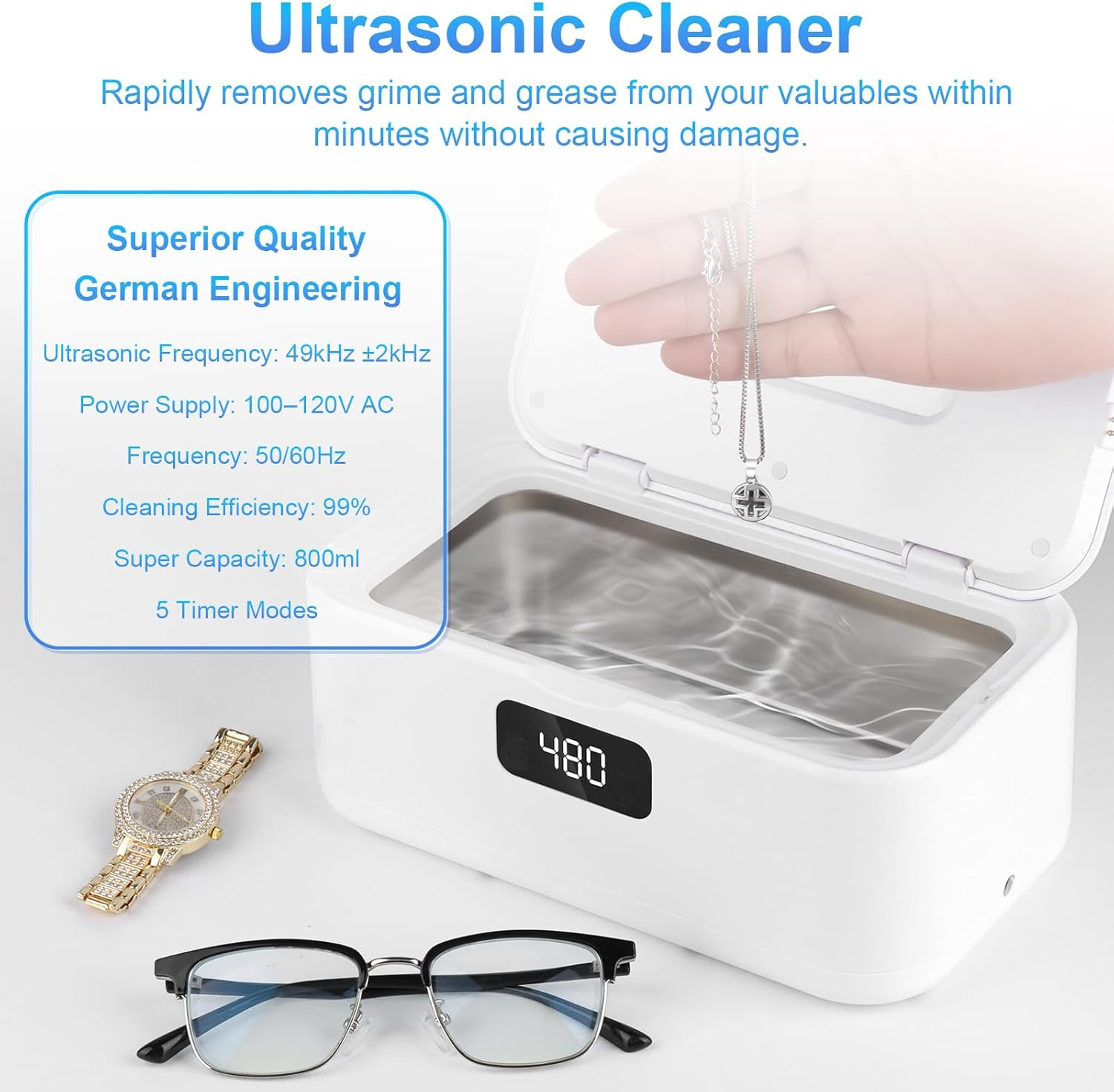 800 Ml Ultrasonic Cleaning Device, 49000Hz U-V Ultrasonic Cleaner with 5 Timer Modes - Glasses Cleaning Device for Deep Cleaning of Jewellery, Glasses, Braces, Prostheses, Coins and Razor Heads-1 image number 1