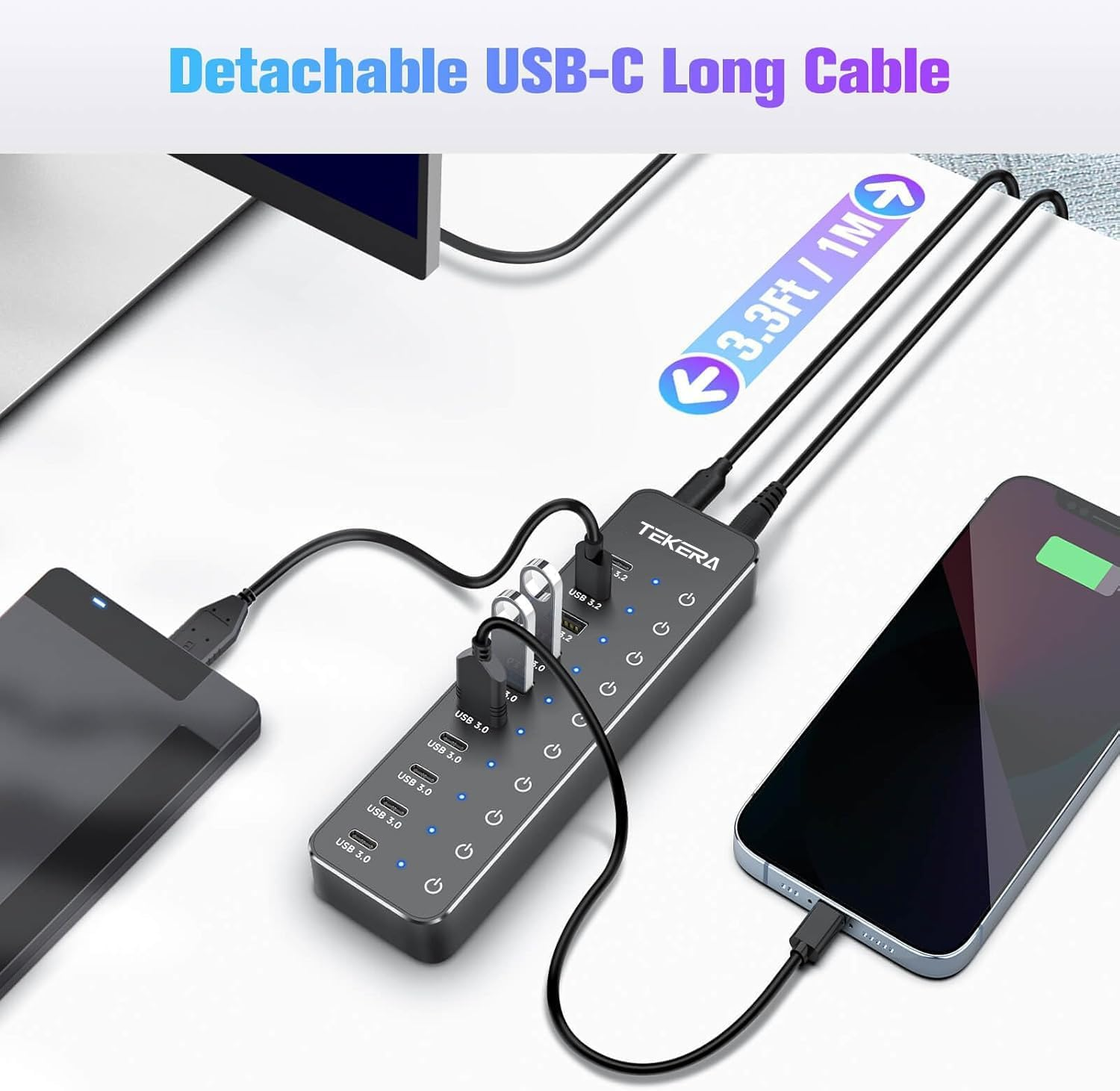 10 Ports Powered USB 3.2/USB C Hub Splitter 60W with 3 X 10Gbps USB 3.2 Ports (2C + 1A),7 X USB 3.0 Ports (4C +3A), 3.3Ft Cable and Individual Touch Switches for Laptop PC image number 6