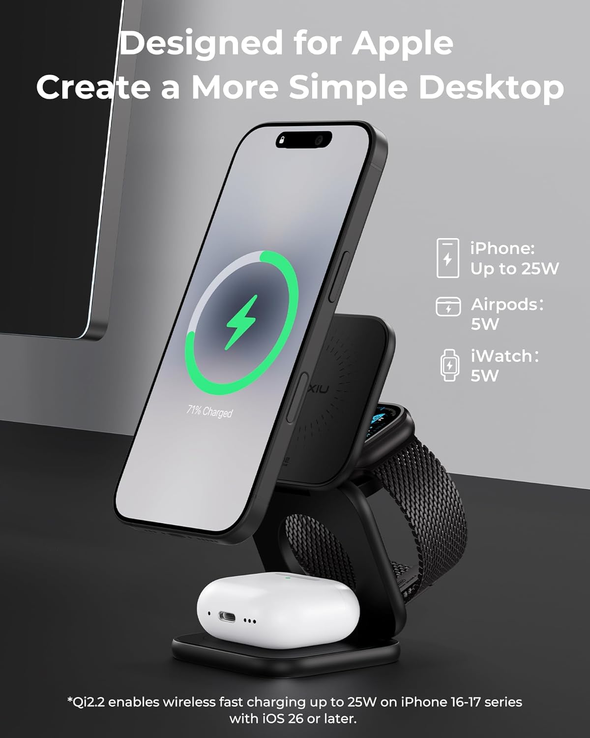 KU XIU X40 Turbo Qi2 25W Magnetic Wireless Charger, Foldable 3-In-1 Wireless Charging Station for Iphone 17/16/15/14/13/12, 5W for Apple Watch & Airpods, Aluminum Alloy Design, 45W Adapter Included image number 4