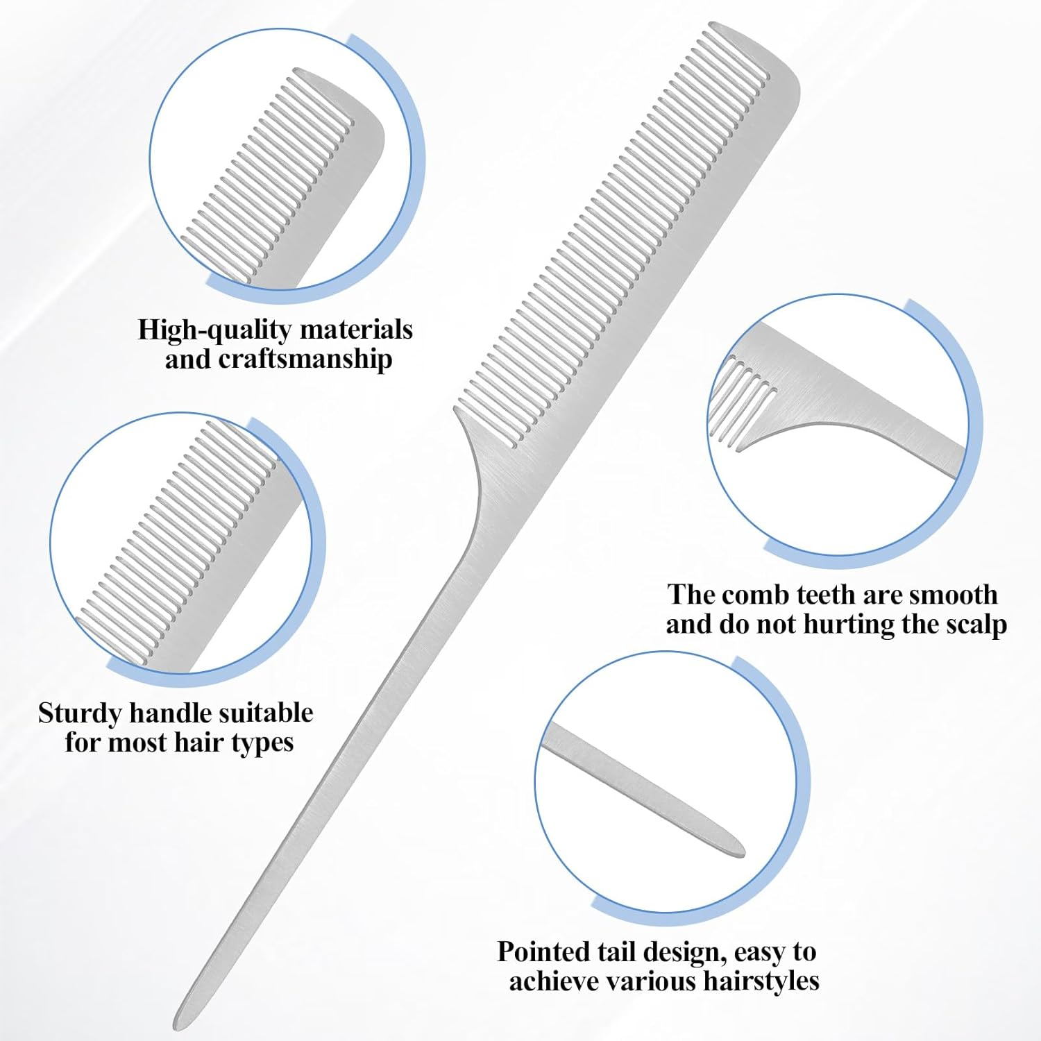 Pack of 2 Handle Combs Stainless Steel Style Comb Hair Comb with Long Metal Handle Fine Cutting Comb for Barber Hair Styling Men and Women (Silver) image number 6