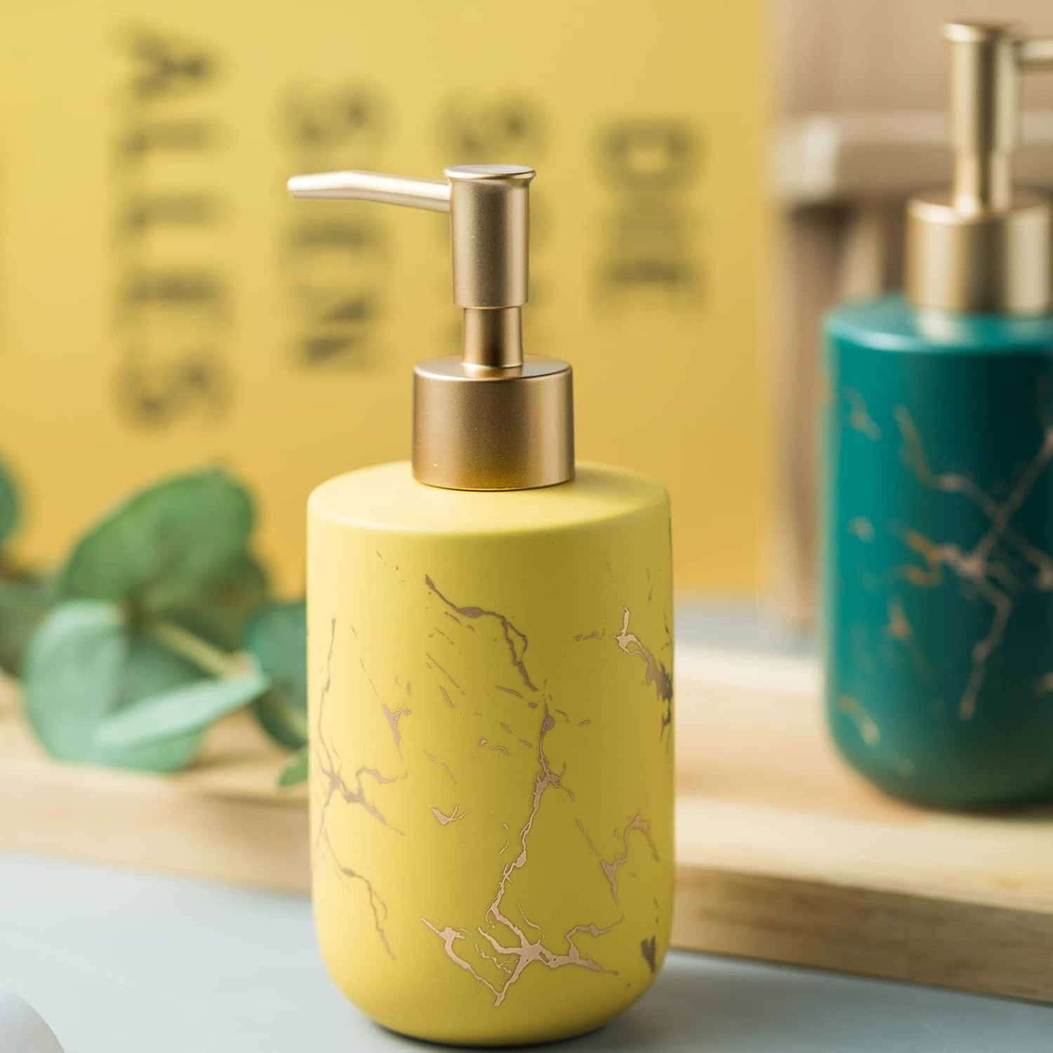 Gold Soap Dispenser Bathroom, Ceramic Hand Soap Dispenser with Marbling for Kitchen, Shower, 300ML. (Yellow) image number 2