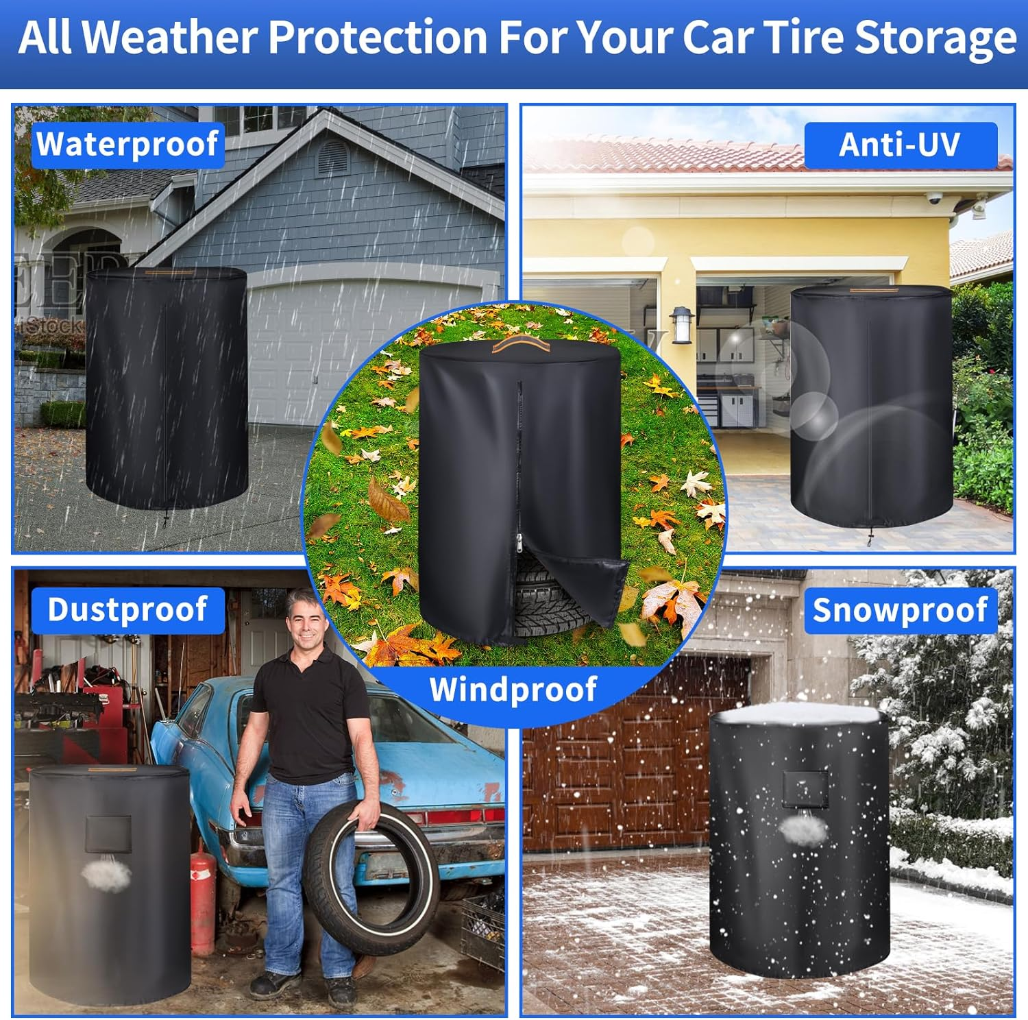 Tire Covers,Durable 420D Spare Wheel Tyre Storage Bag Waterproof Outdoor Indoor,Universal Tyre Dust Protective Cover with Waterproof Zipper,Air Vent (Holding 4 Tires within 30 Inches Diameter) image number 6