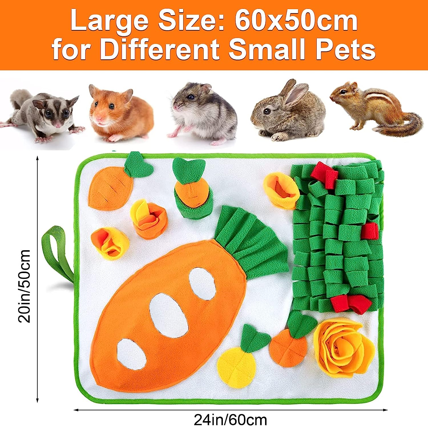 Adpartner 24" X 20" Rabbit Foraging Mat with Carrot Toy, Interactive Snuffle Feeding Pad for Boredom, Polar Fleece Pet Feed Game for Rabbits Bunny Guinea Pigs Chinchillas Ferrets image number 1