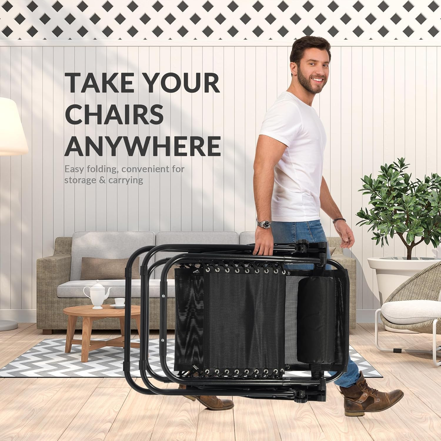 Zero Gravity Chairs, Adjustable Folding Lawn Chair with Pillow and Cup Holder Trays, Outdoor anti Gravity Reclining Lounge Chair, for Poolside, Lawn, Beach, Camping, Black (1 Pack) - Black image number 6