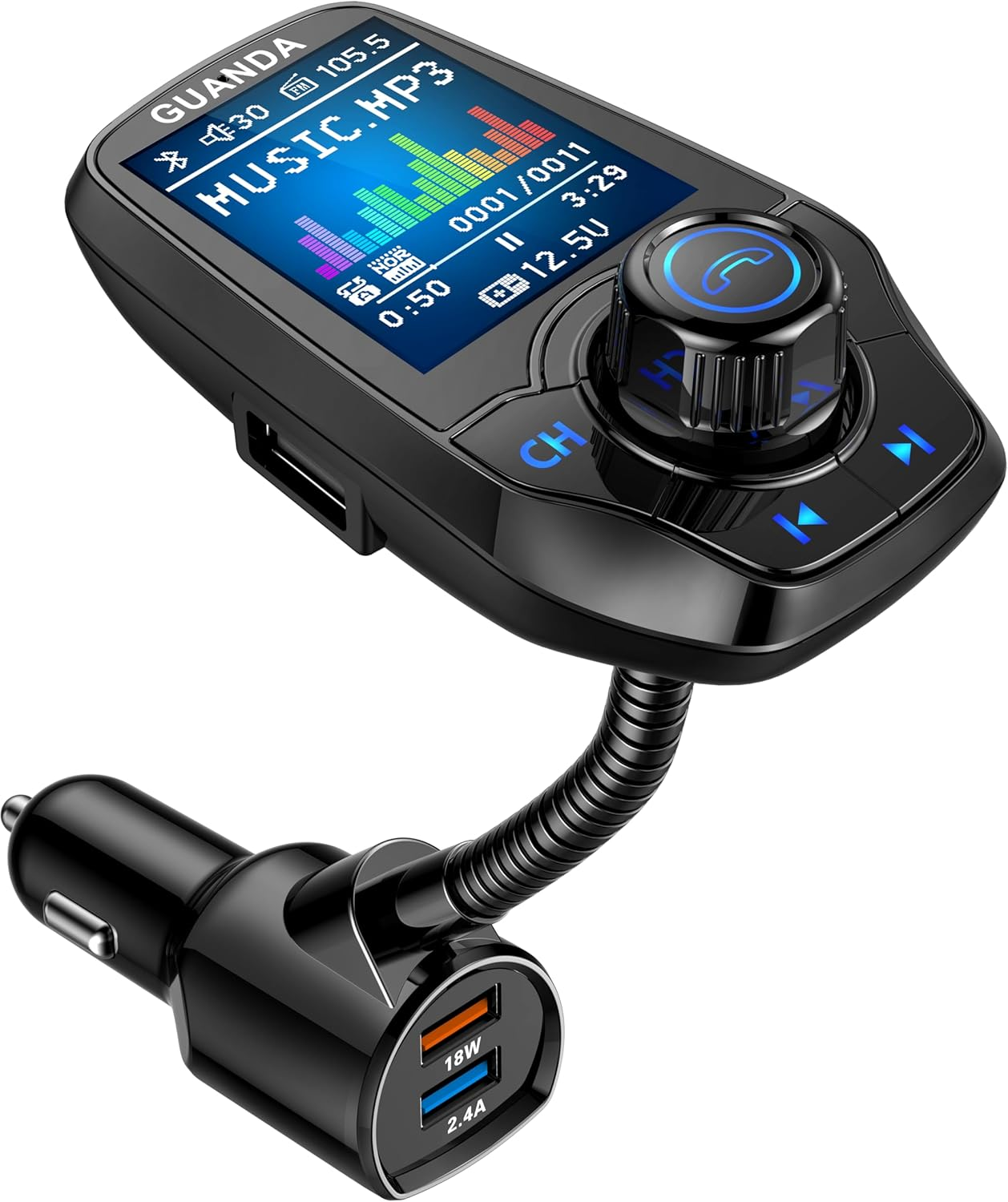 Bluetooth FM Transmitter In-Car Wireless Radio Adapter Kit W 1.8" Color Display Hands-Free Call AUX In/Out SD/TF Card USB Charger Fast Charging 18W for All Smartphones Audio Players - RM100 Black image number 5