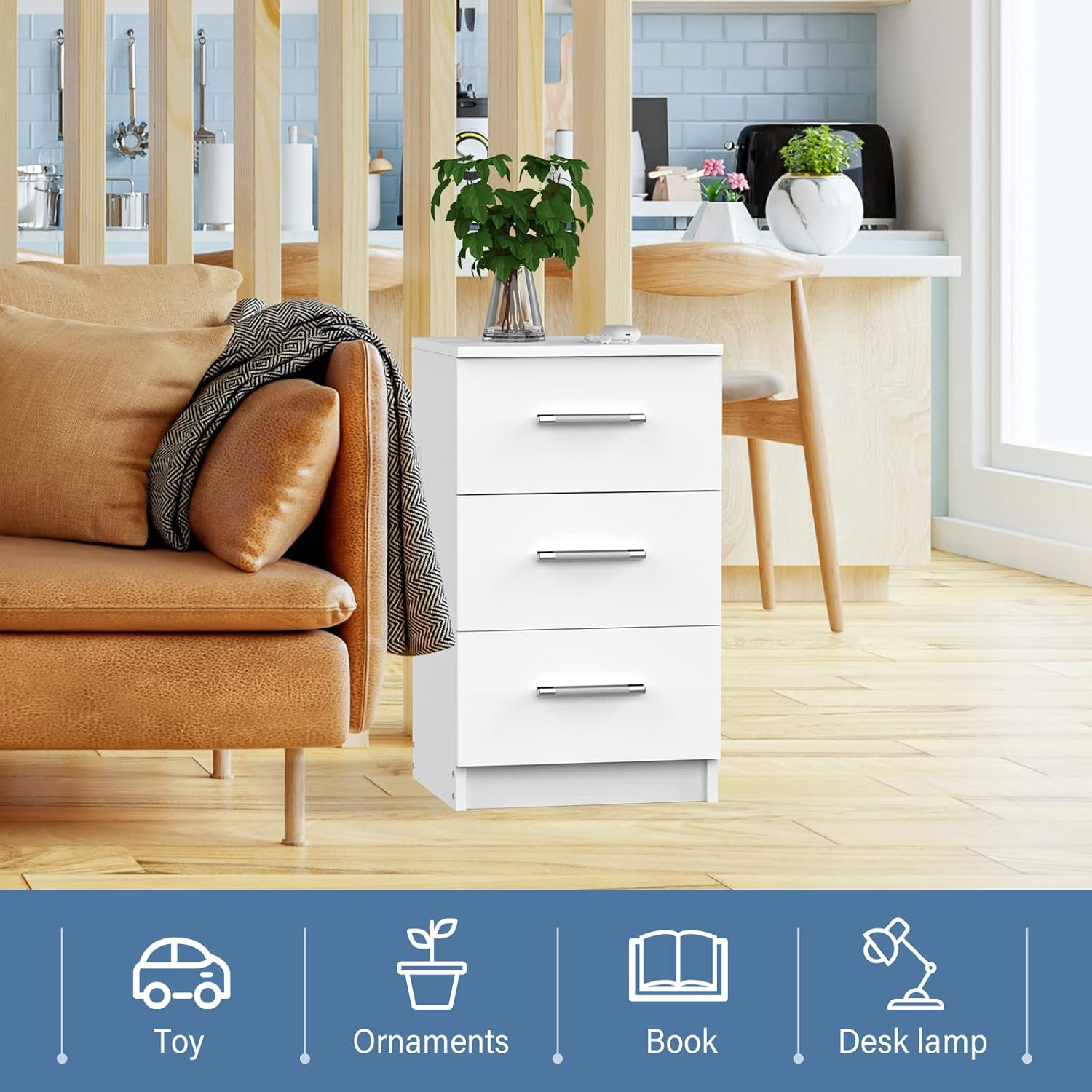 Ufurniture Bedside Table 3 Drawers Side Table Nightstand for Bedroom Living Room White image number 2