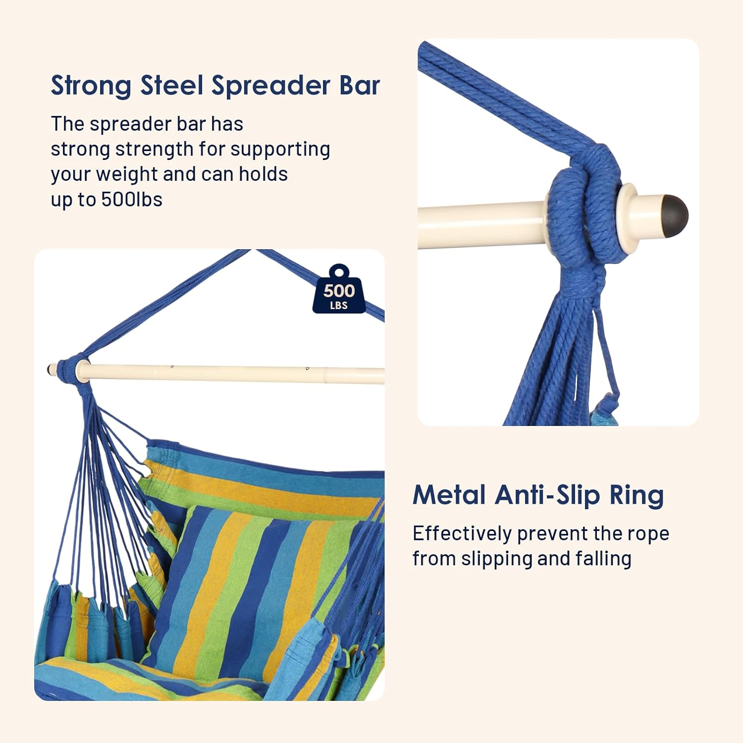 Highwild Hammock Chair Hanging Rope Swing - Max 500 Lbs - 2 Cushions Included - Steel Spreader Bar with Anti-Slip Rings - for Any Indoor or Outdoor Spaces (Blue Striped) - C- Cushions Included-Grey image number 7