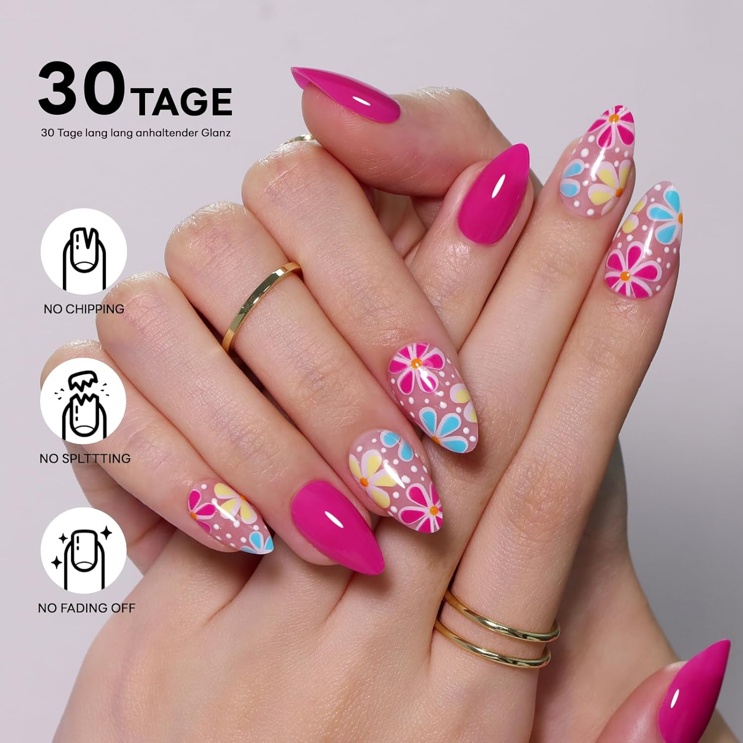 Noerrors 24 Pieces Short Almond Rose Red Flower Design Push Nails in Hot Pink Spring Summer Exquisite Glue and Stick Nail Art Manicure