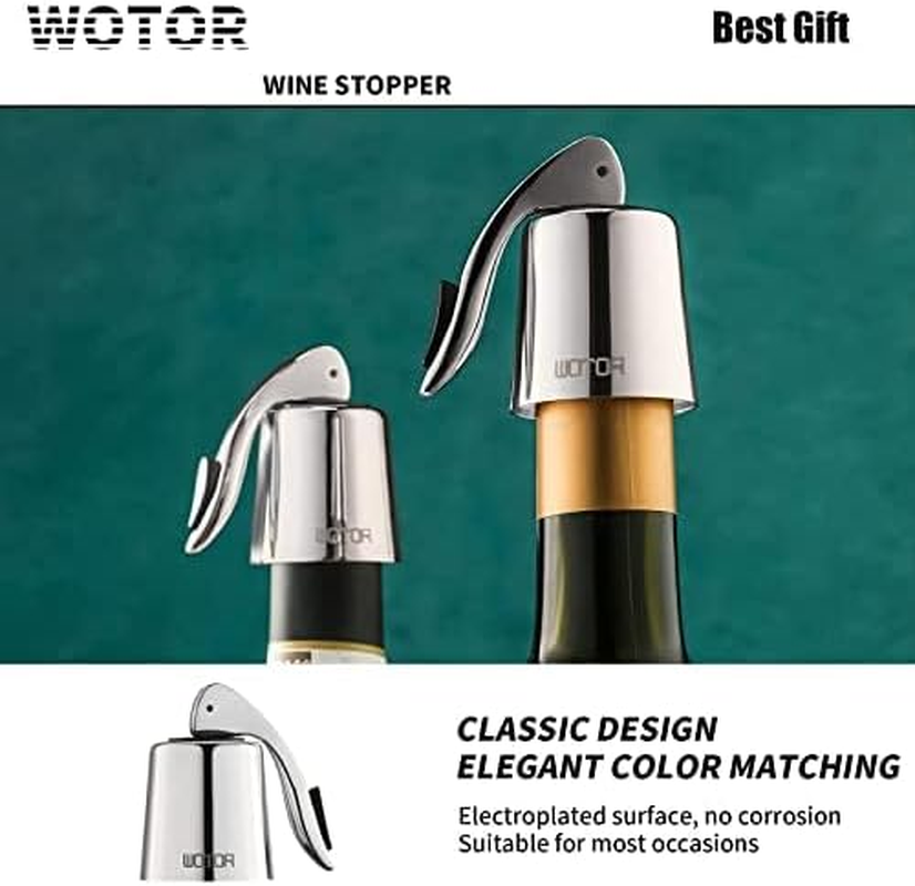 WOTOR Stainless Steel Wine Bottle Stoppers with Silicone - Reusable Wine Saver and Decorative Bottle Sealer, Leakproof, Keep Fresh, Silver, 2 Pack