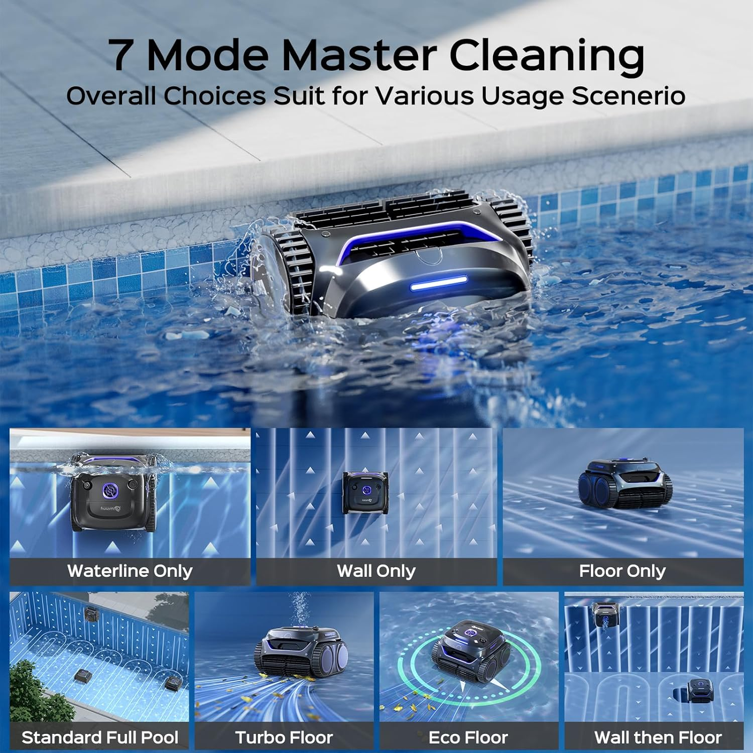 Winny C2 Cordless Robotic Pool Cleaner, 7 Mode Pool Vacuum Robot for Inground Pools up to 200 M2, Wall & Waterline Cleaning Wtih Ultra-Fine Filtration, Powerful Suction image number 5
